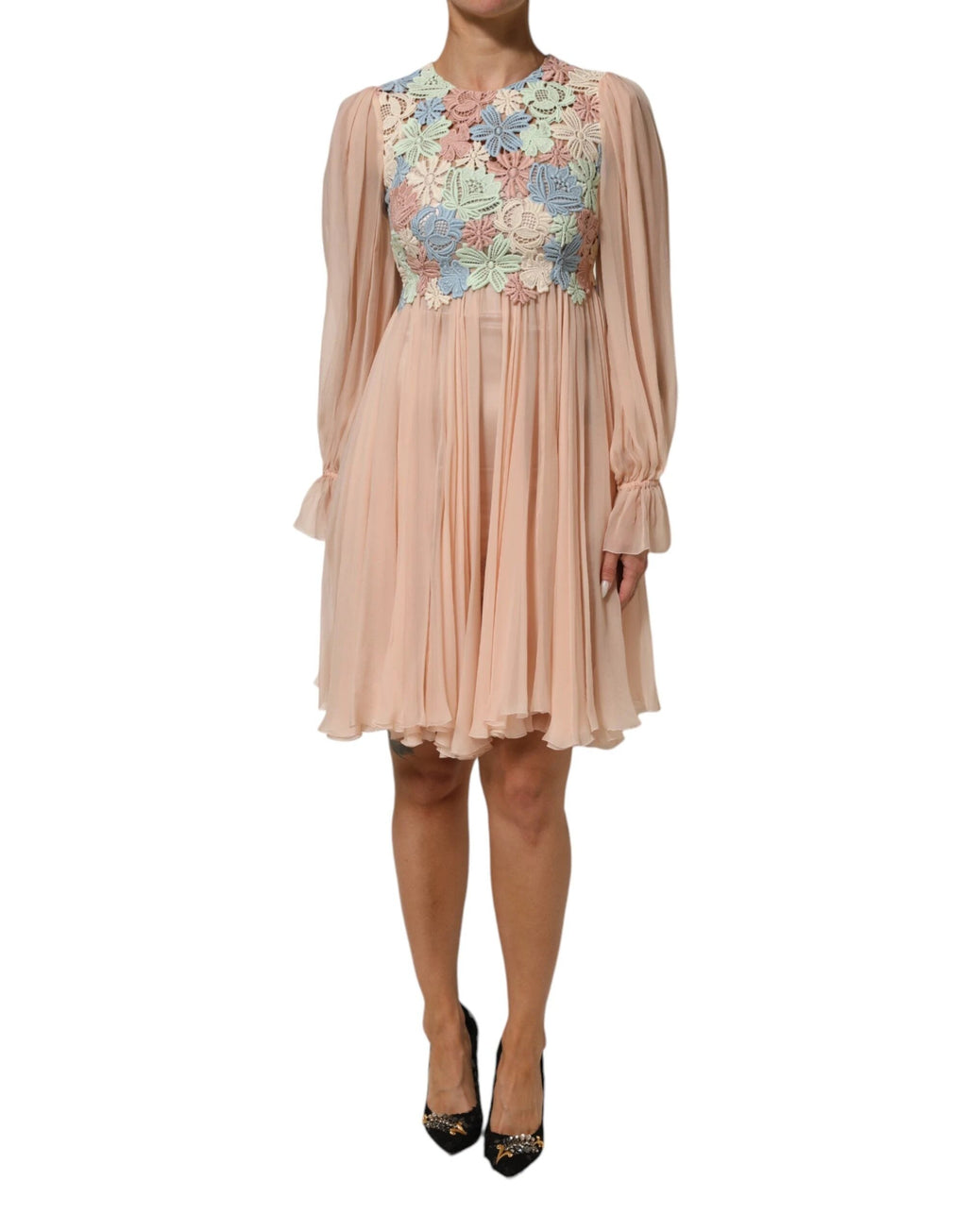 Dolce & Gabbana Pink Floral Embroidery Pleated A-line Dress by Dolce & Gabbana