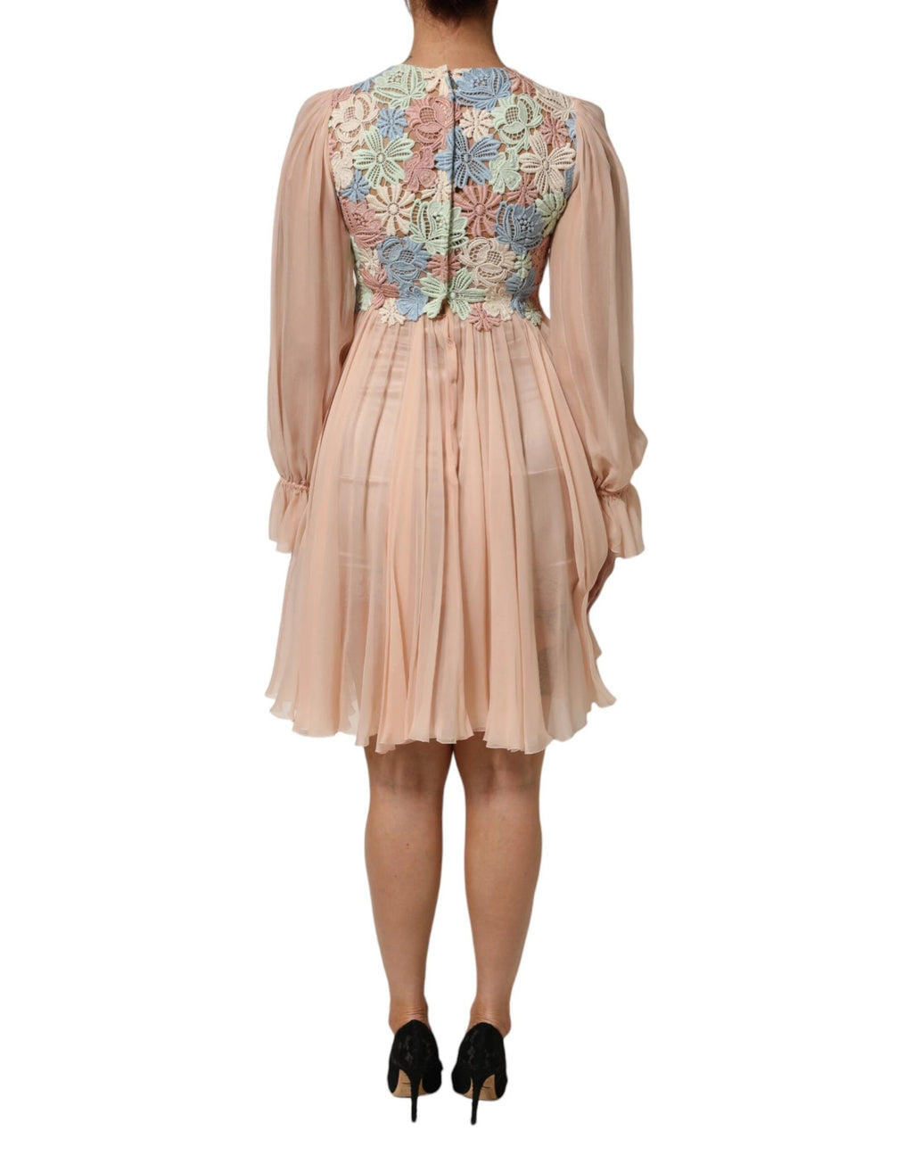 Dolce & Gabbana Pink Floral Embroidery Pleated A-line Dress by Dolce & Gabbana