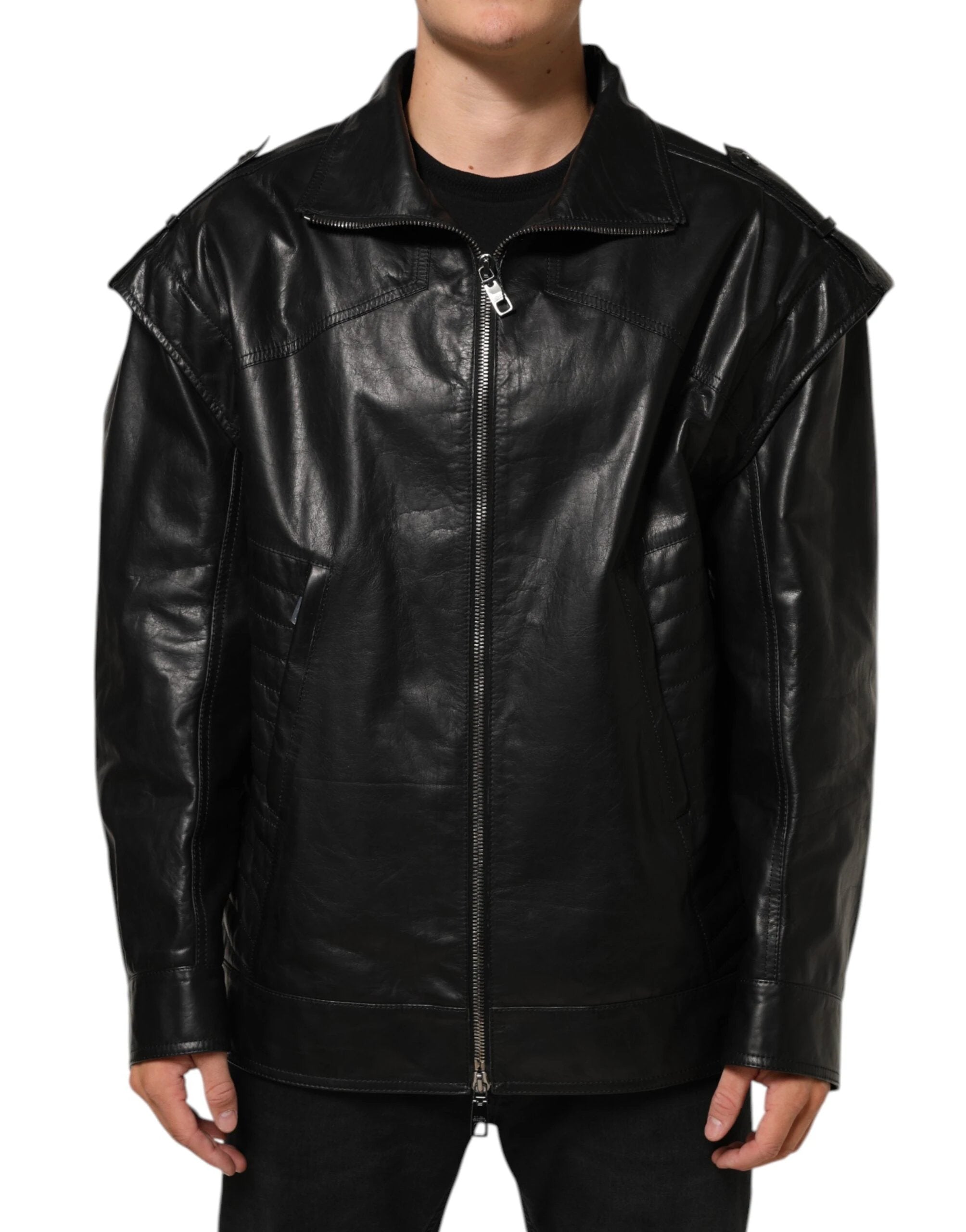Dolce & Gabbana Black Leather Full Zip Biker Blouson Jacket by Dolce & Gabbana