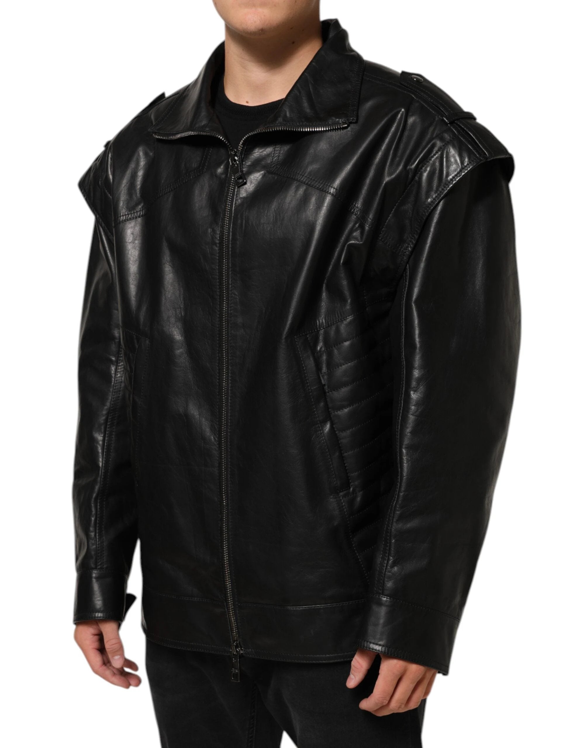 Dolce & Gabbana Black Leather Full Zip Biker Blouson Jacket by Dolce & Gabbana