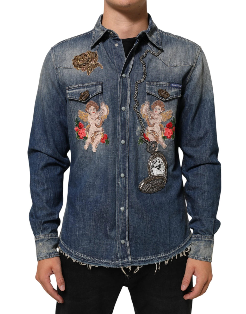 Dolce & Gabbana Blue Angel Patch Denim Buttoned Down Men Shirt by Dolce & Gabbana