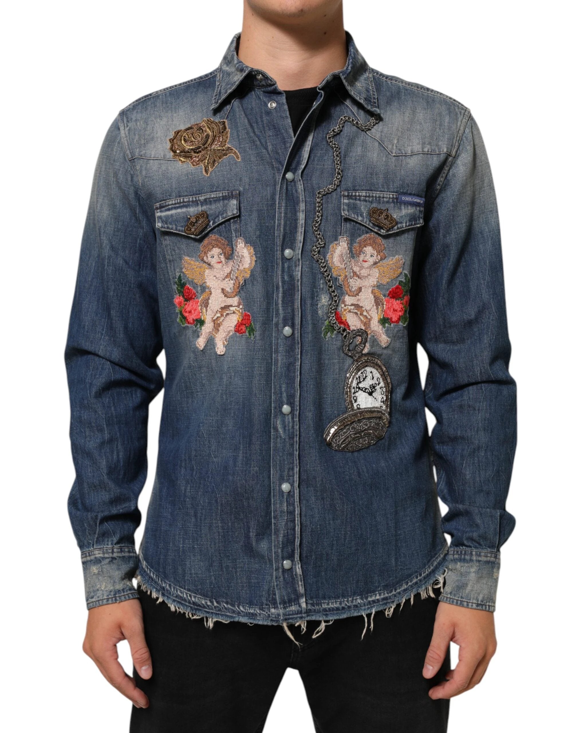Dolce & Gabbana Blue Angel Patch Denim Buttoned Down Men Shirt by Dolce & Gabbana