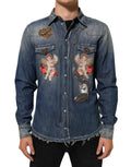 Dolce & Gabbana Blue Angel Patch Denim Buttoned Down Men Shirt by Dolce & Gabbana