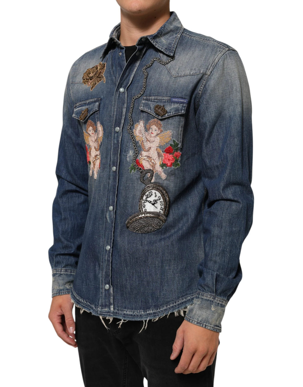 Dolce & Gabbana Blue Angel Patch Denim Buttoned Down Men Shirt by Dolce & Gabbana