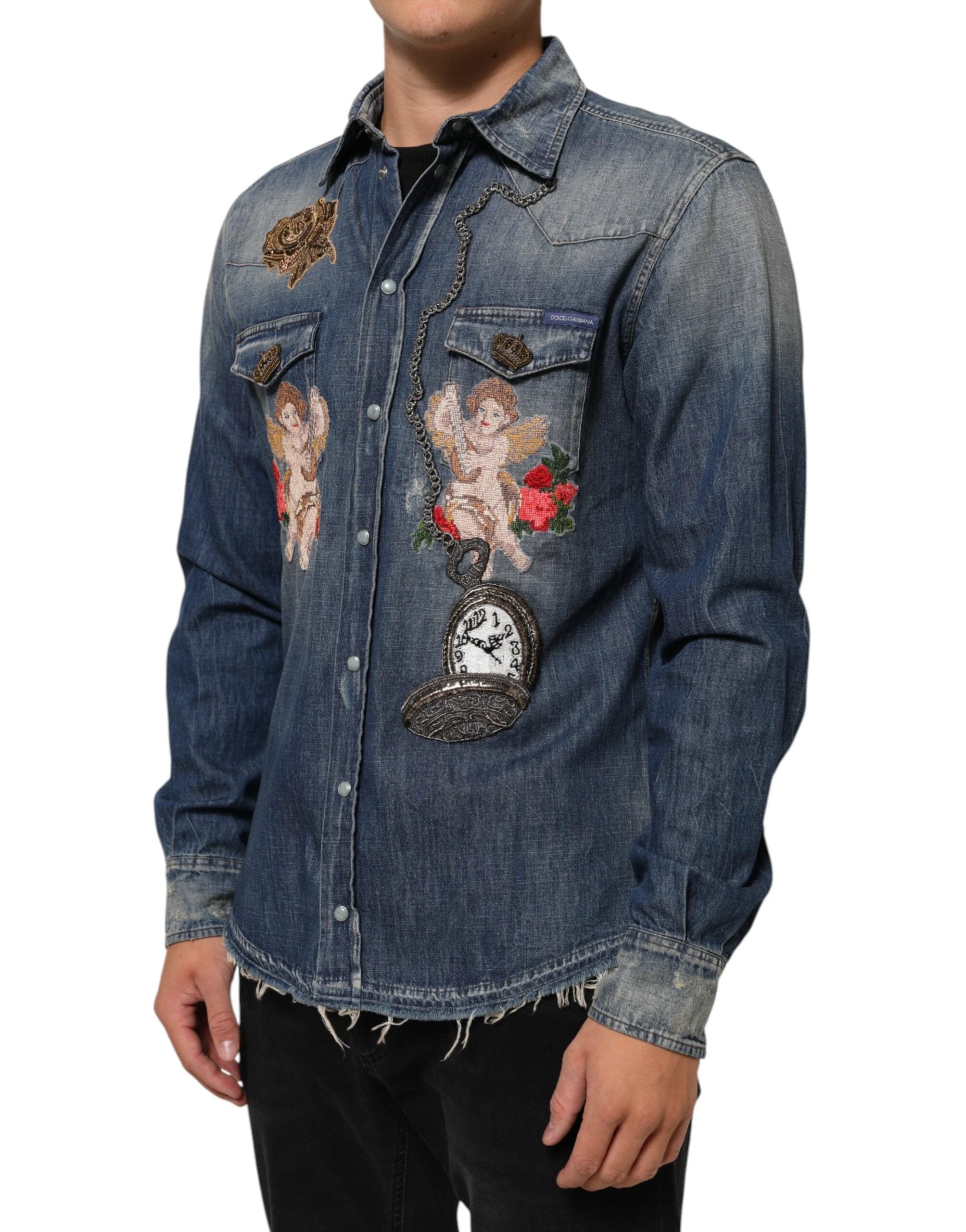 Dolce & Gabbana Blue Angel Patch Denim Buttoned Down Men Shirt by Dolce & Gabbana