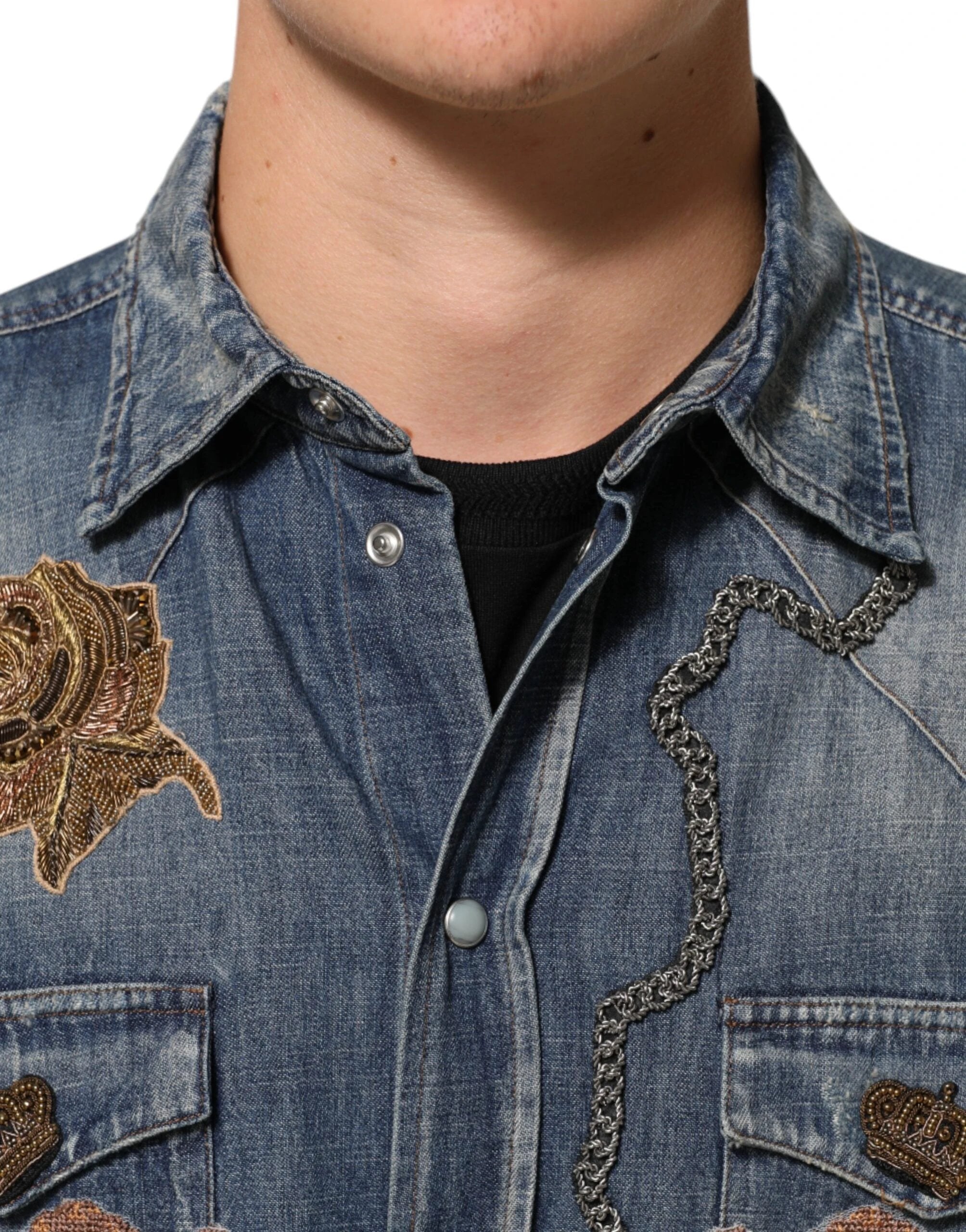 Dolce & Gabbana Blue Angel Patch Denim Buttoned Down Men Shirt by Dolce & Gabbana