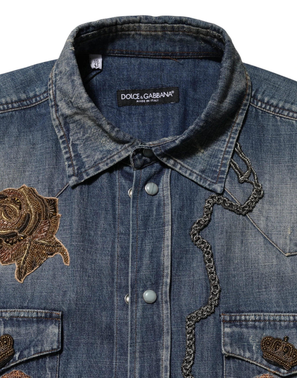 Dolce & Gabbana Blue Angel Patch Denim Buttoned Down Men Shirt by Dolce & Gabbana
