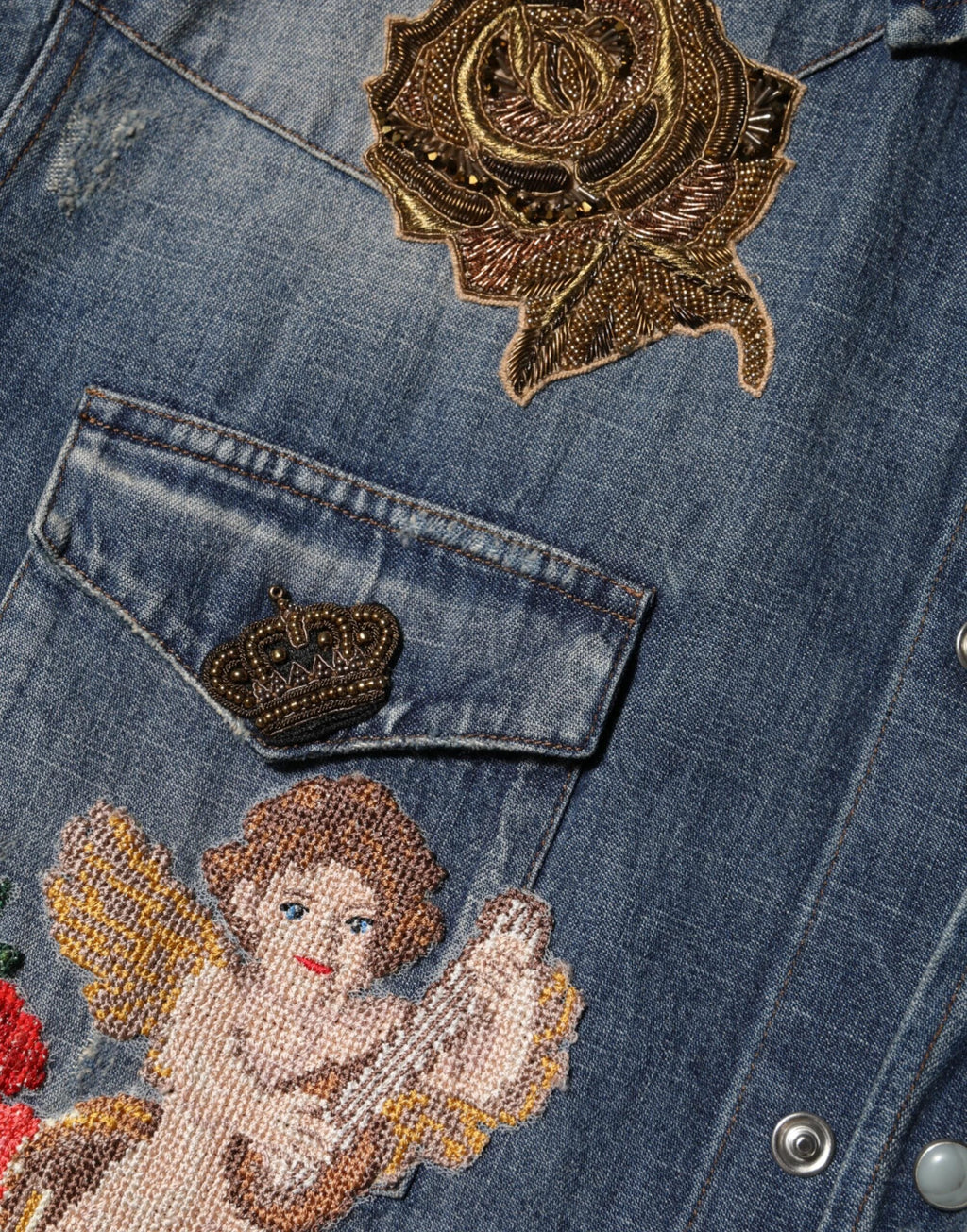 Dolce & Gabbana Blue Angel Patch Denim Buttoned Down Men Shirt by Dolce & Gabbana