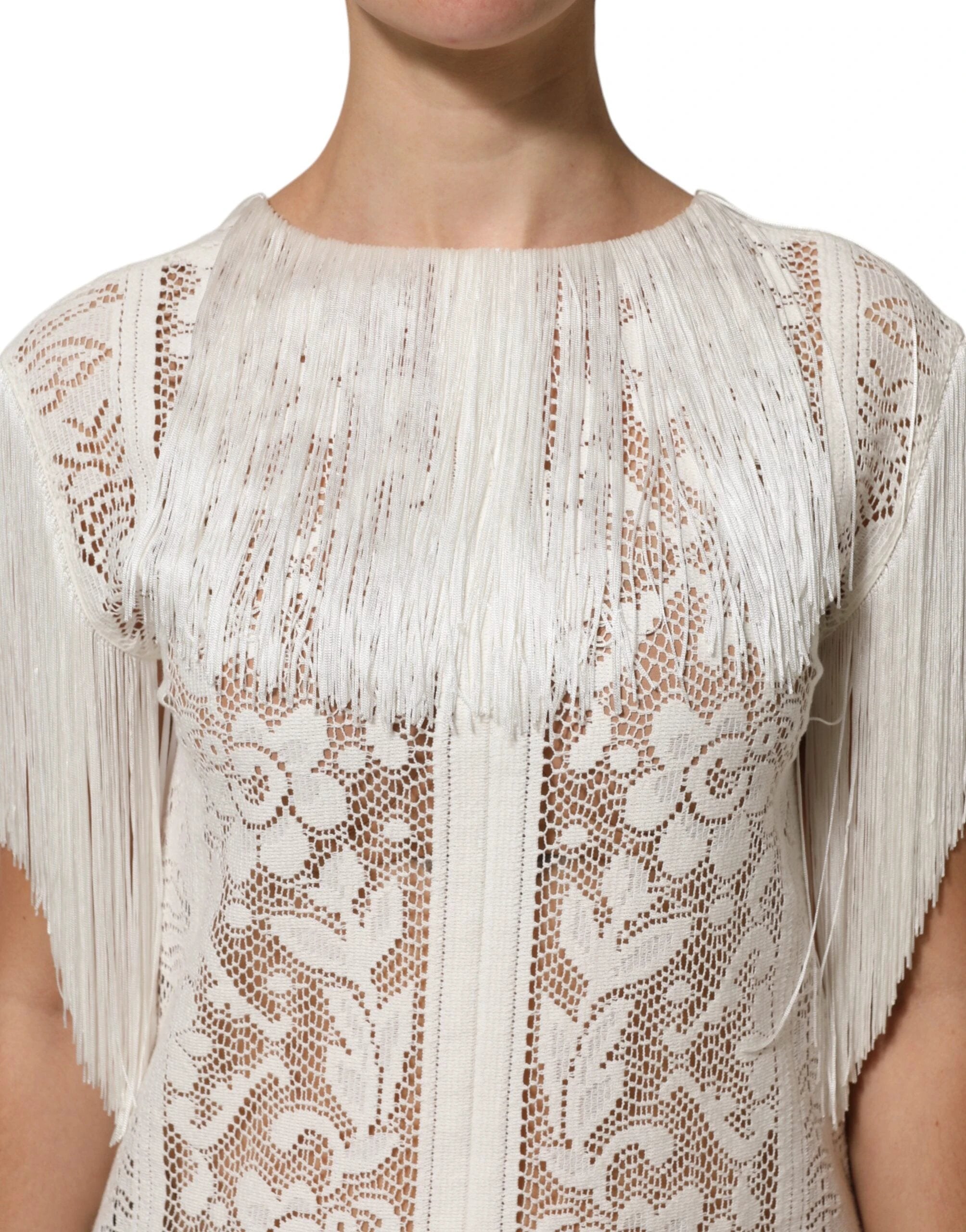 Dolce & Gabbana White Floral Lace Fringe Knee Length Dress by Dolce & Gabbana