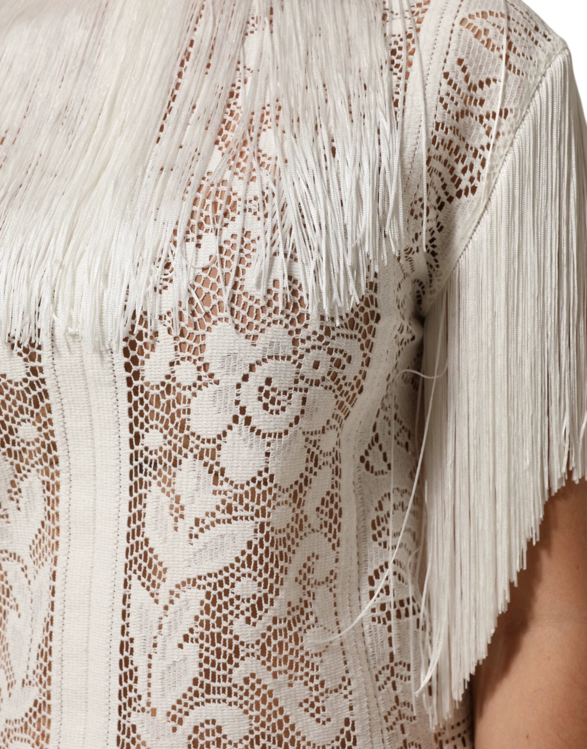 Dolce & Gabbana White Floral Lace Fringe Knee Length Dress by Dolce & Gabbana