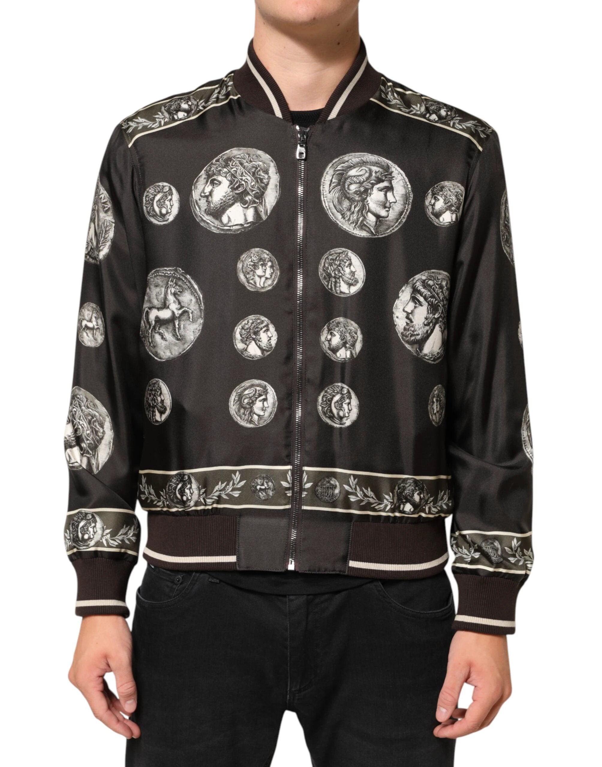 Dolce & Gabbana Black "Monete" Coin Print Silk Bomber Jacket by Dolce & Gabbana