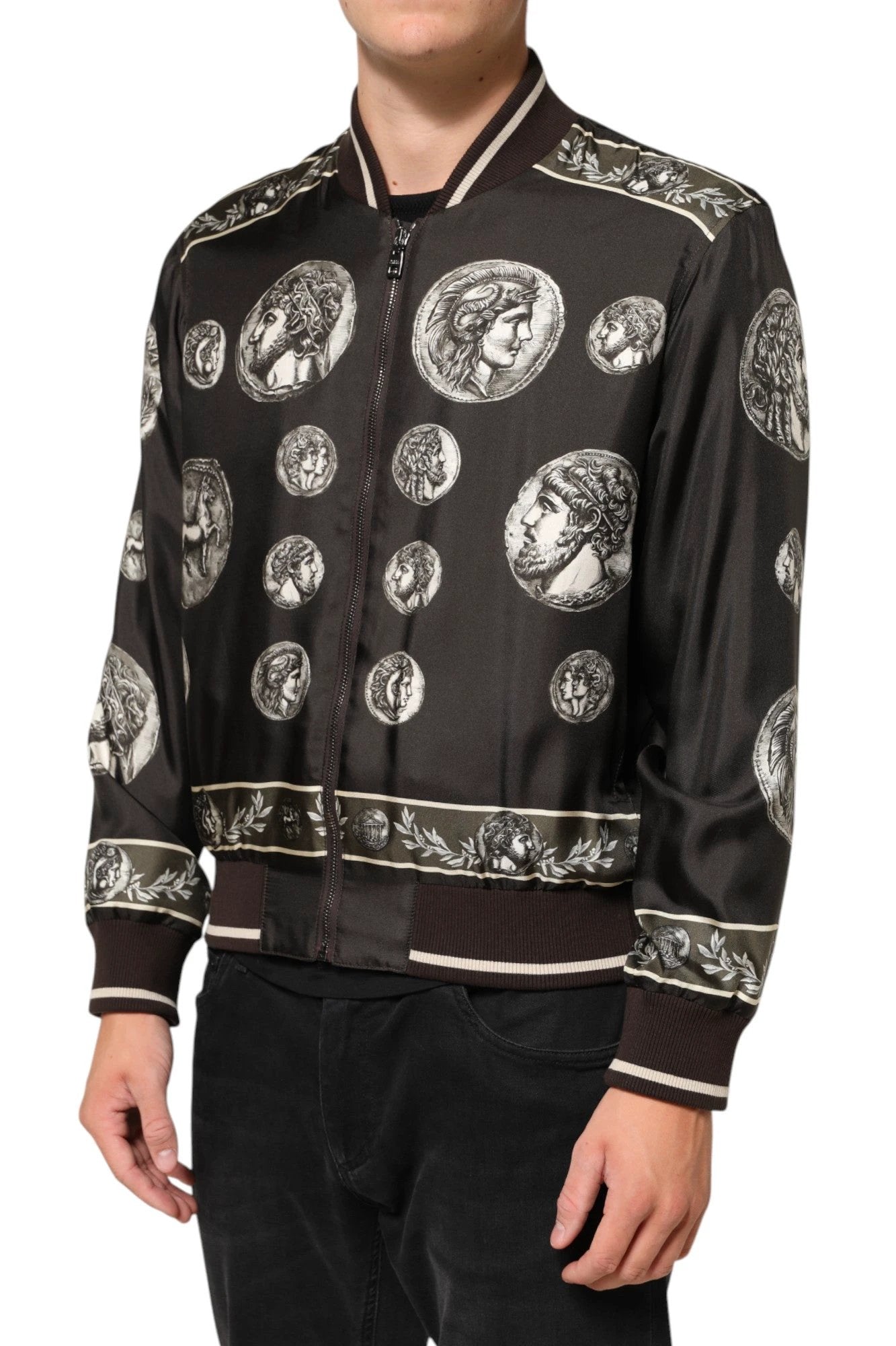 Dolce & Gabbana Black "Monete" Coin Print Silk Bomber Jacket by Dolce & Gabbana
