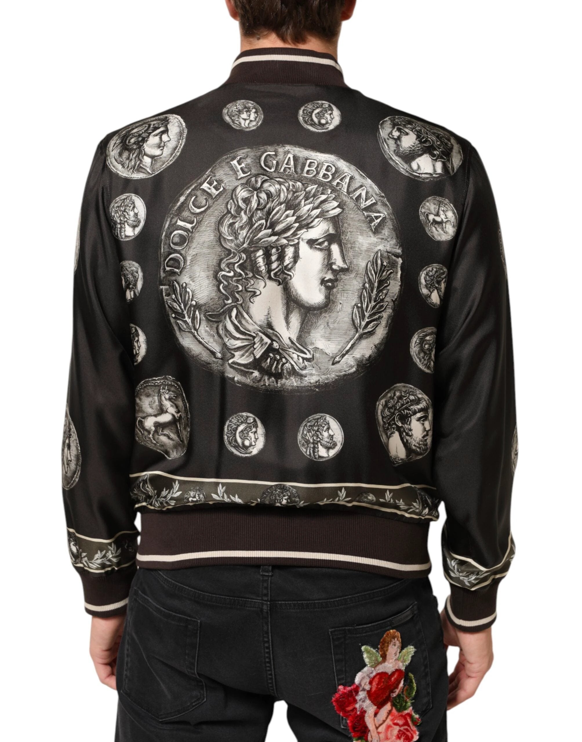 Dolce & Gabbana Black "Monete" Coin Print Silk Bomber Jacket by Dolce & Gabbana