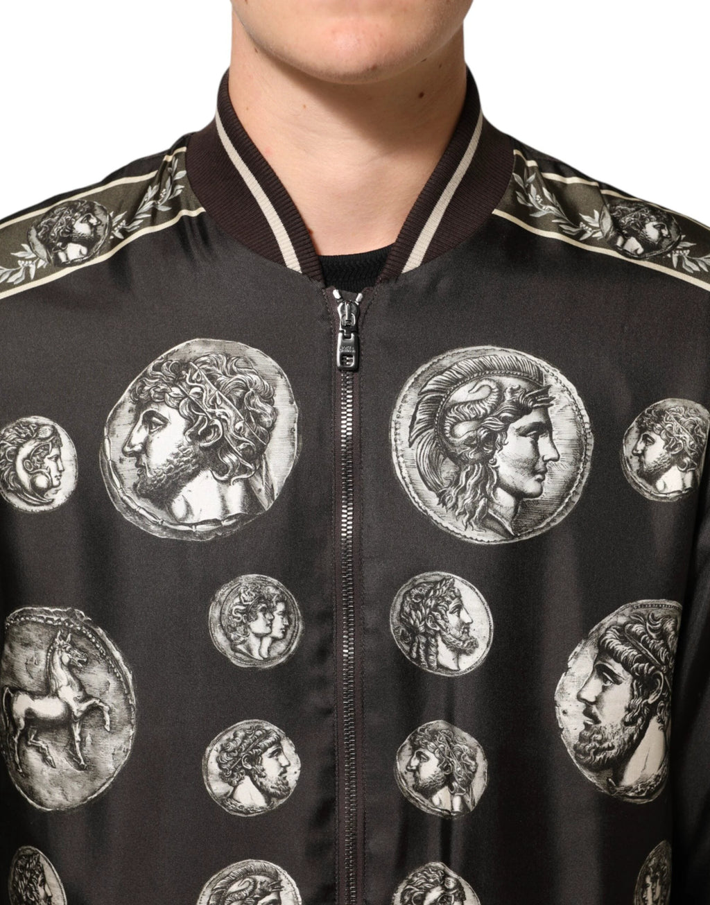 Dolce & Gabbana Black "Monete" Coin Print Silk Bomber Jacket by Dolce & Gabbana