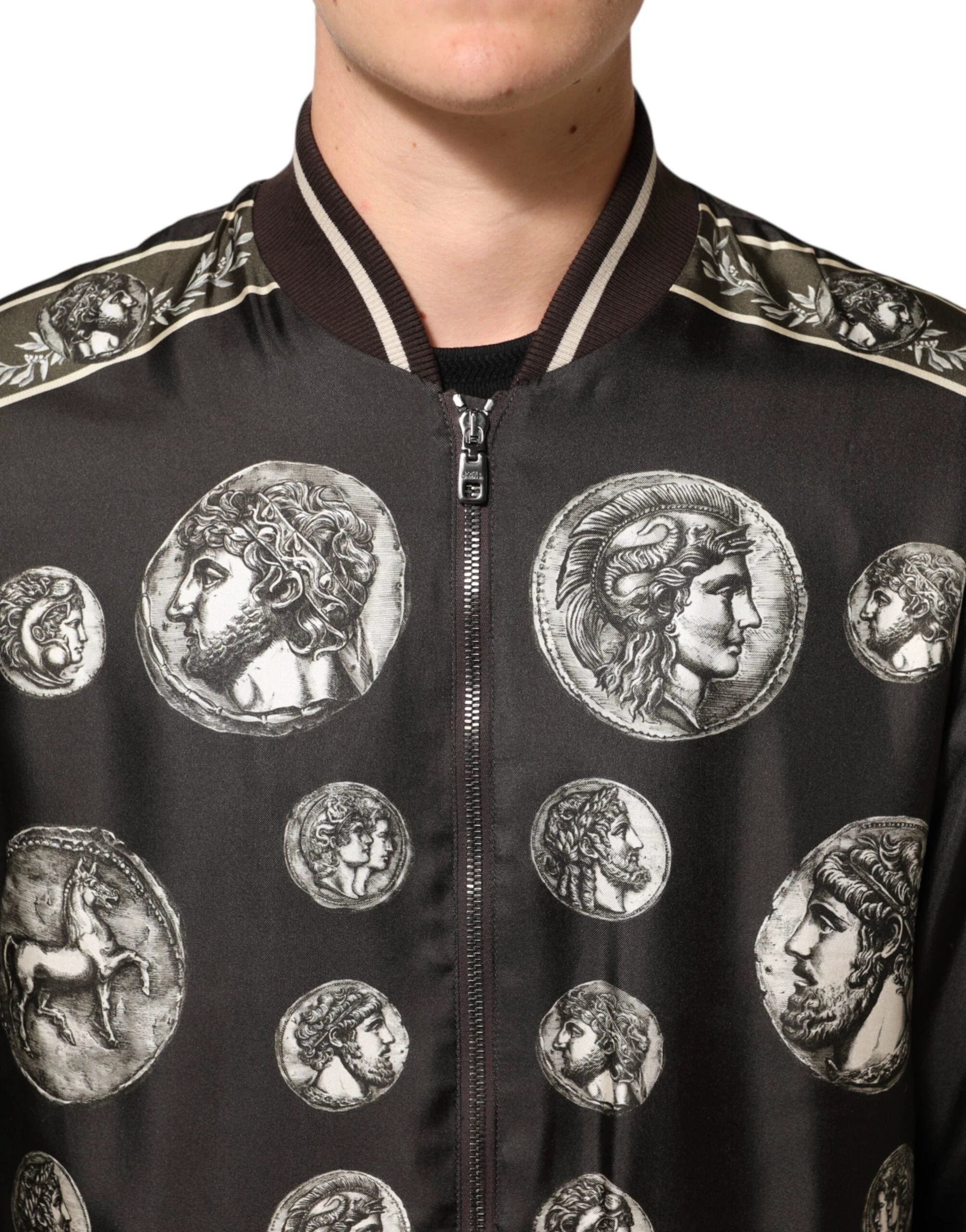 Dolce & Gabbana Black "Monete" Coin Print Silk Bomber Jacket by Dolce & Gabbana