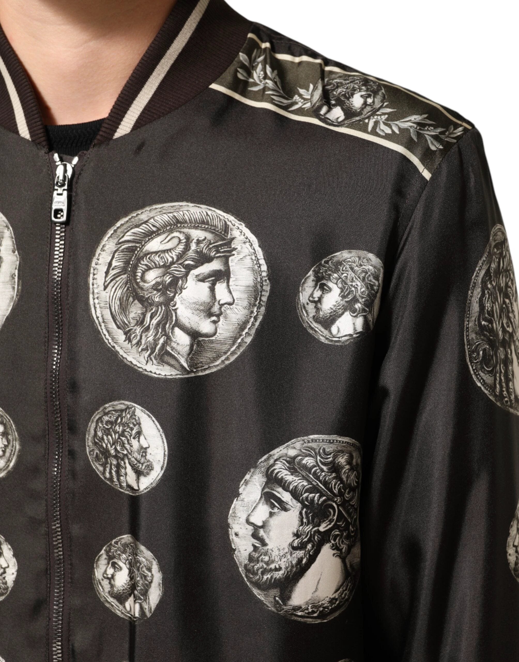 Dolce & Gabbana Black "Monete" Coin Print Silk Bomber Jacket by Dolce & Gabbana