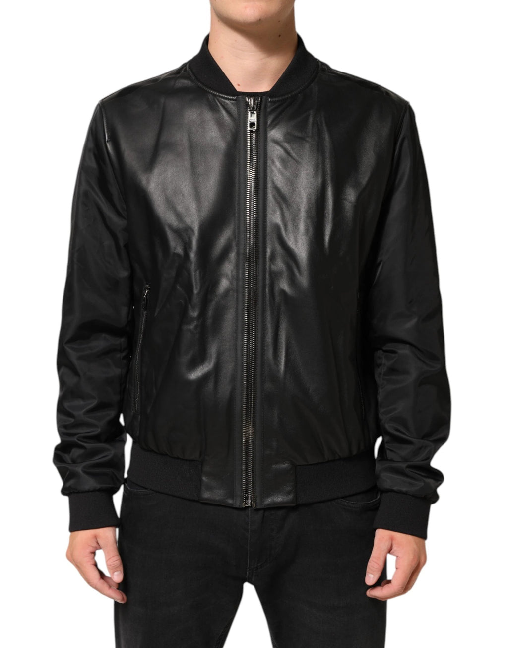 Dolce & Gabbana Black Leather Nylon FullZip Blouson Jacket by Dolce & Gabbana