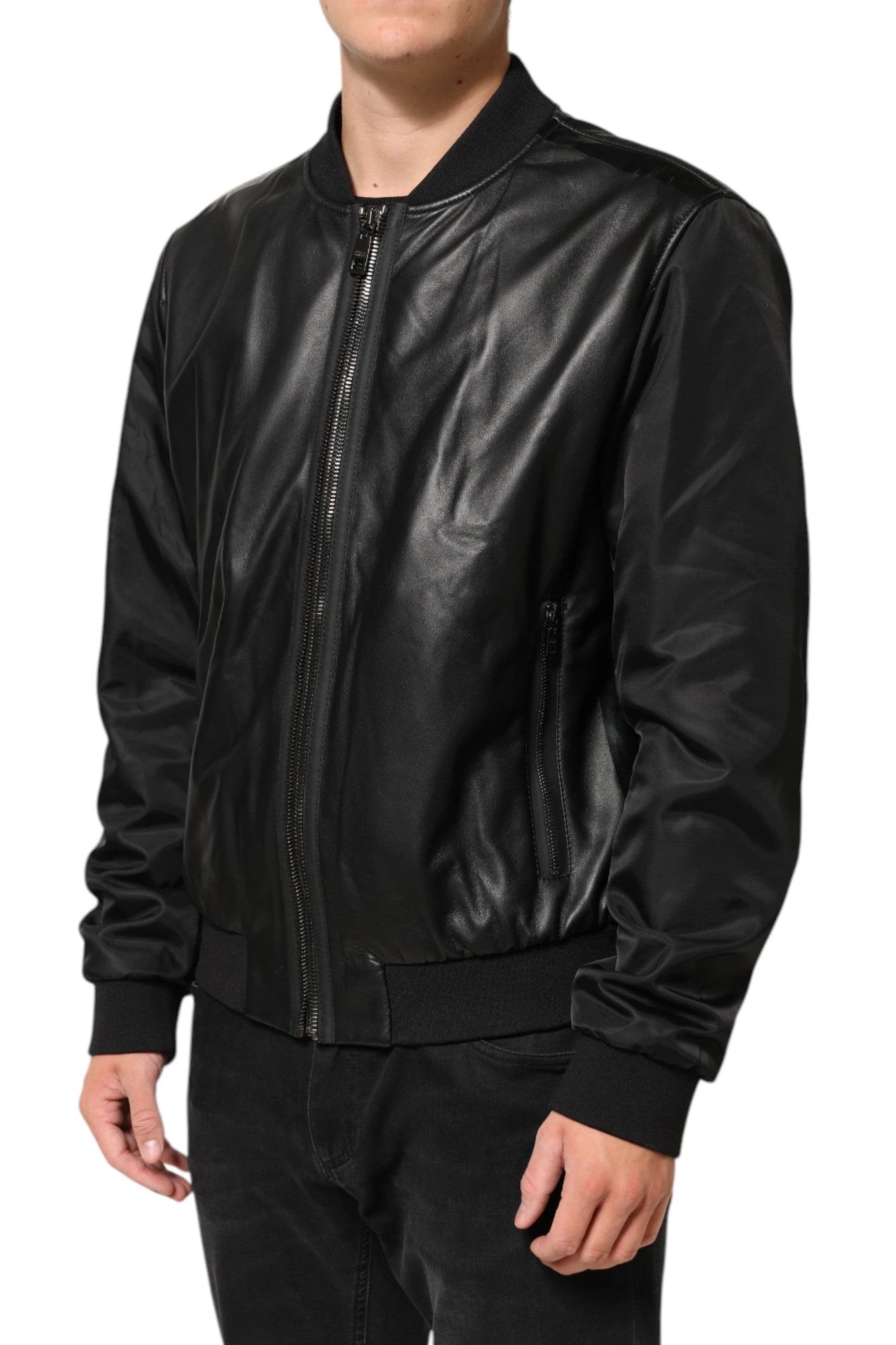 Dolce & Gabbana Black Leather Nylon FullZip Blouson Jacket by Dolce & Gabbana