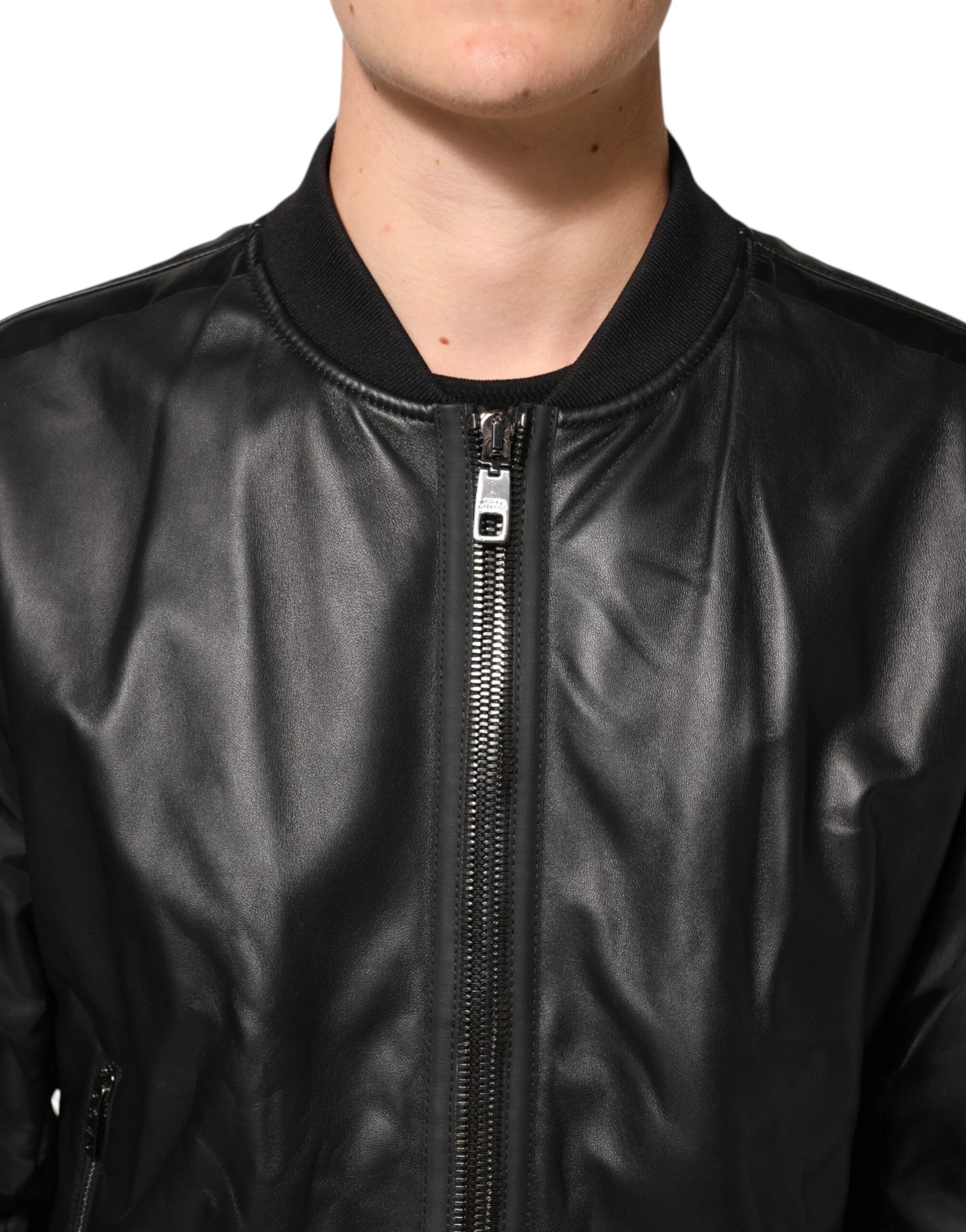 Dolce & Gabbana Black Leather Nylon FullZip Blouson Jacket by Dolce & Gabbana