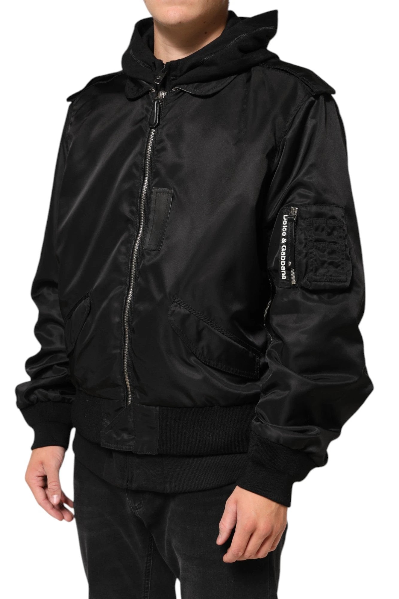 Dolce & Gabbana Black Cotton Hooded Full Zip Bomber Jacket by Dolce & Gabbana