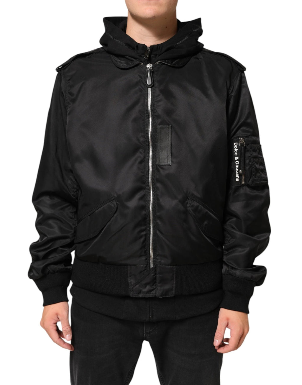 Dolce & Gabbana Black Cotton Hooded Full Zip Bomber Jacket by Dolce & Gabbana