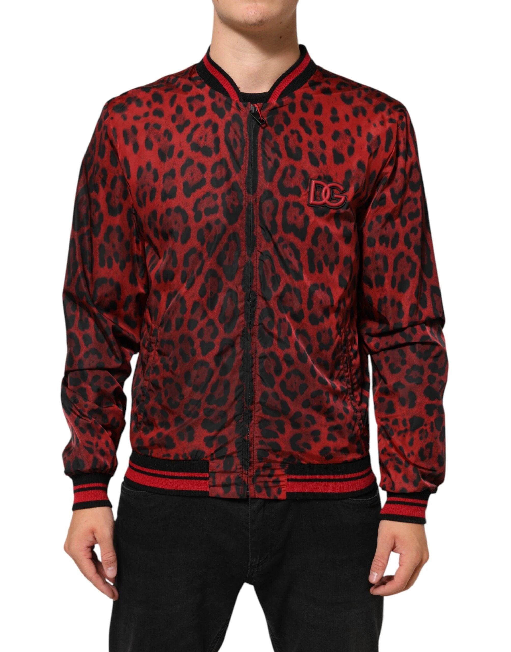 Dolce & Gabbana Red Leopard Print Full Zip Bomber Men Jacket by Dolce & Gabbana