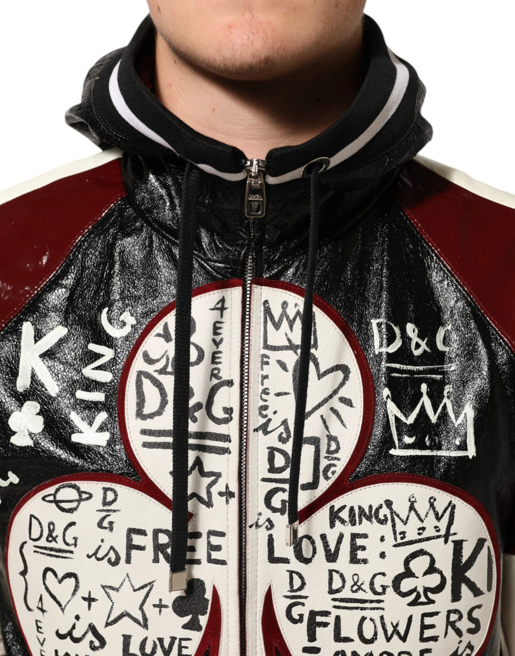 Dolce & Gabbana Multicolor Hooded Leather DG King Men Biker Jacket by Dolce & Gabbana