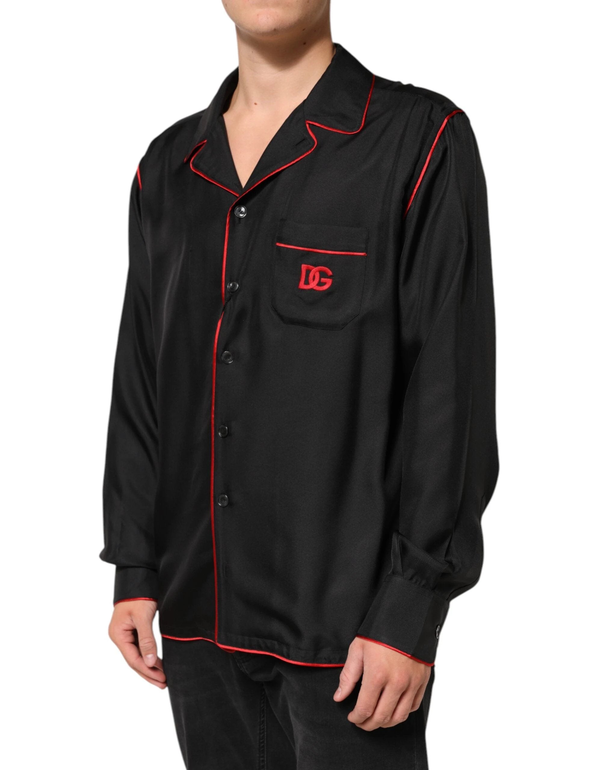 Dolce & Gabbana Black Red Contrast Trim Silk Casual Shirt by Dolce & Gabbana