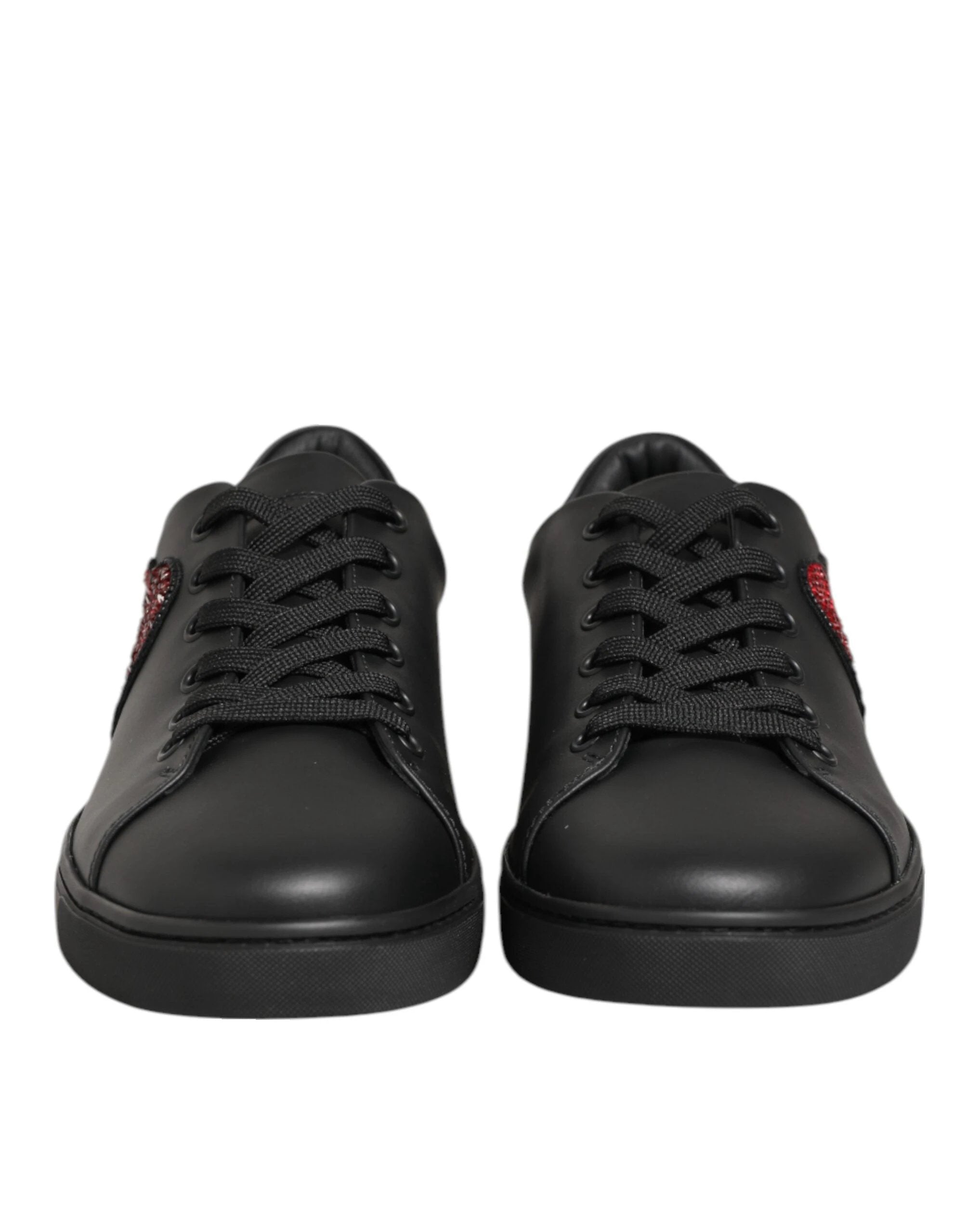 Dolce & Gabbana Black Leather Crystal Heart Sneakers Shoes by Dolce & Gabbana