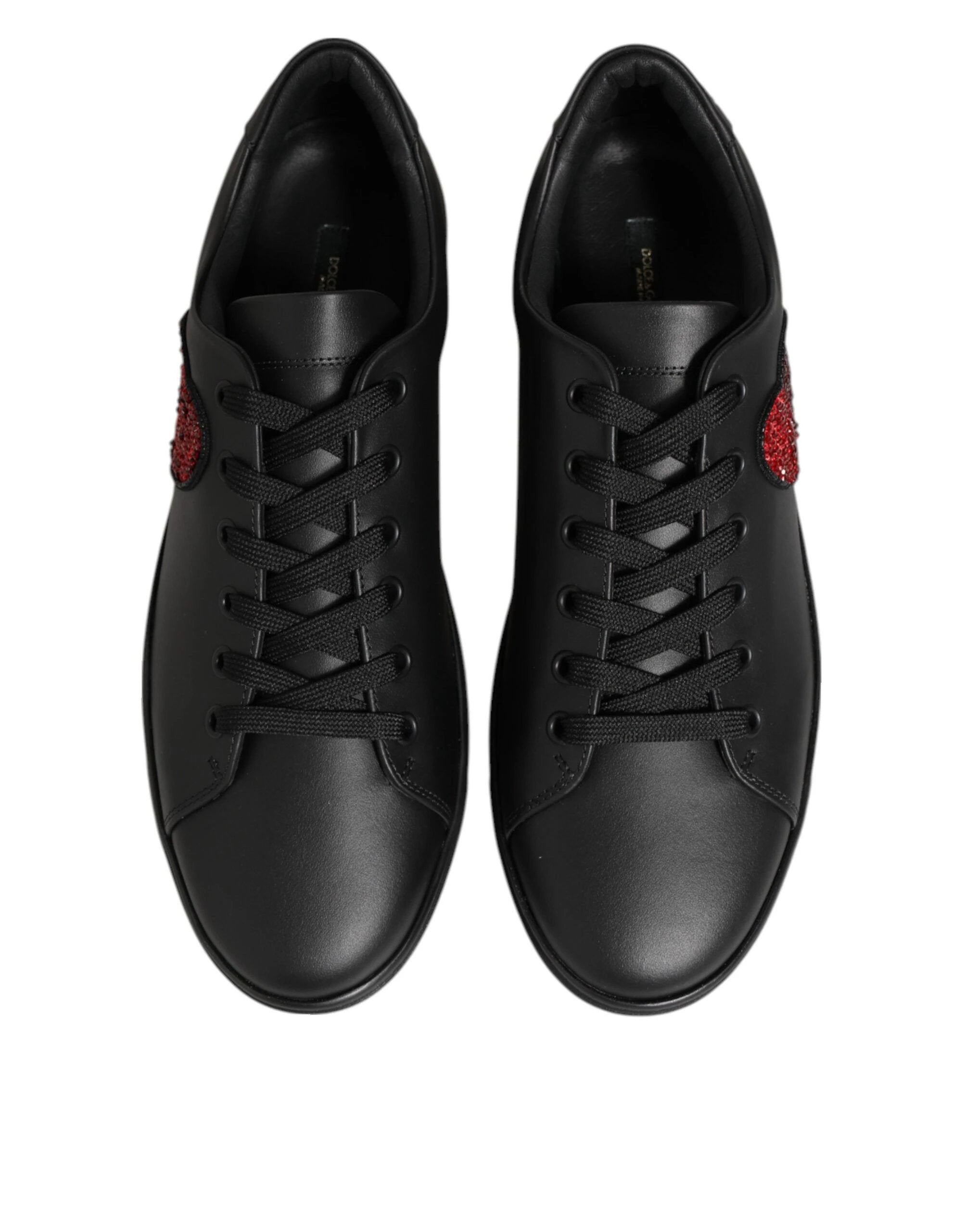 Dolce & Gabbana Black Leather Crystal Heart Sneakers Shoes by Dolce & Gabbana