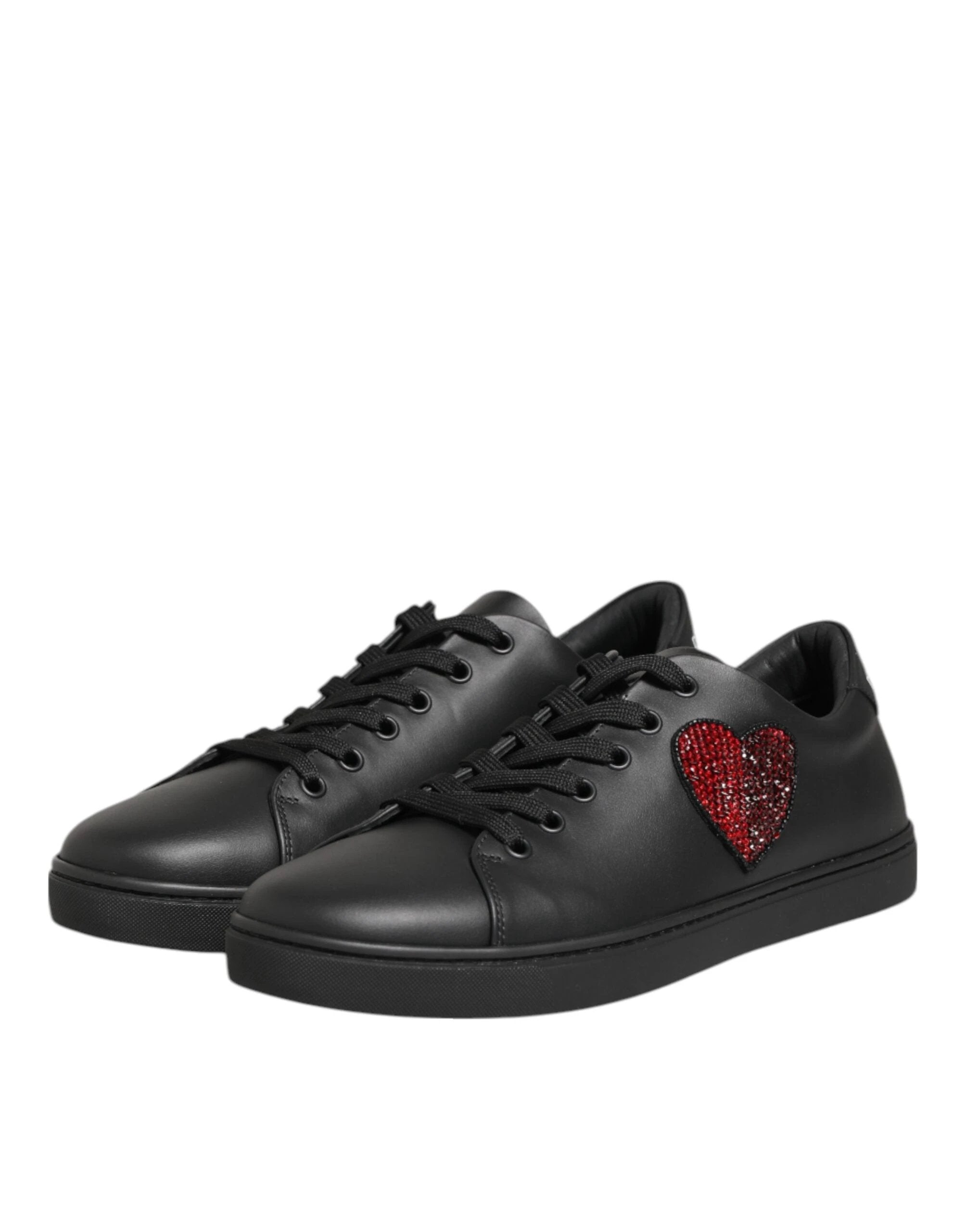 Dolce & Gabbana Black Leather Crystal Heart Sneakers Shoes by Dolce & Gabbana