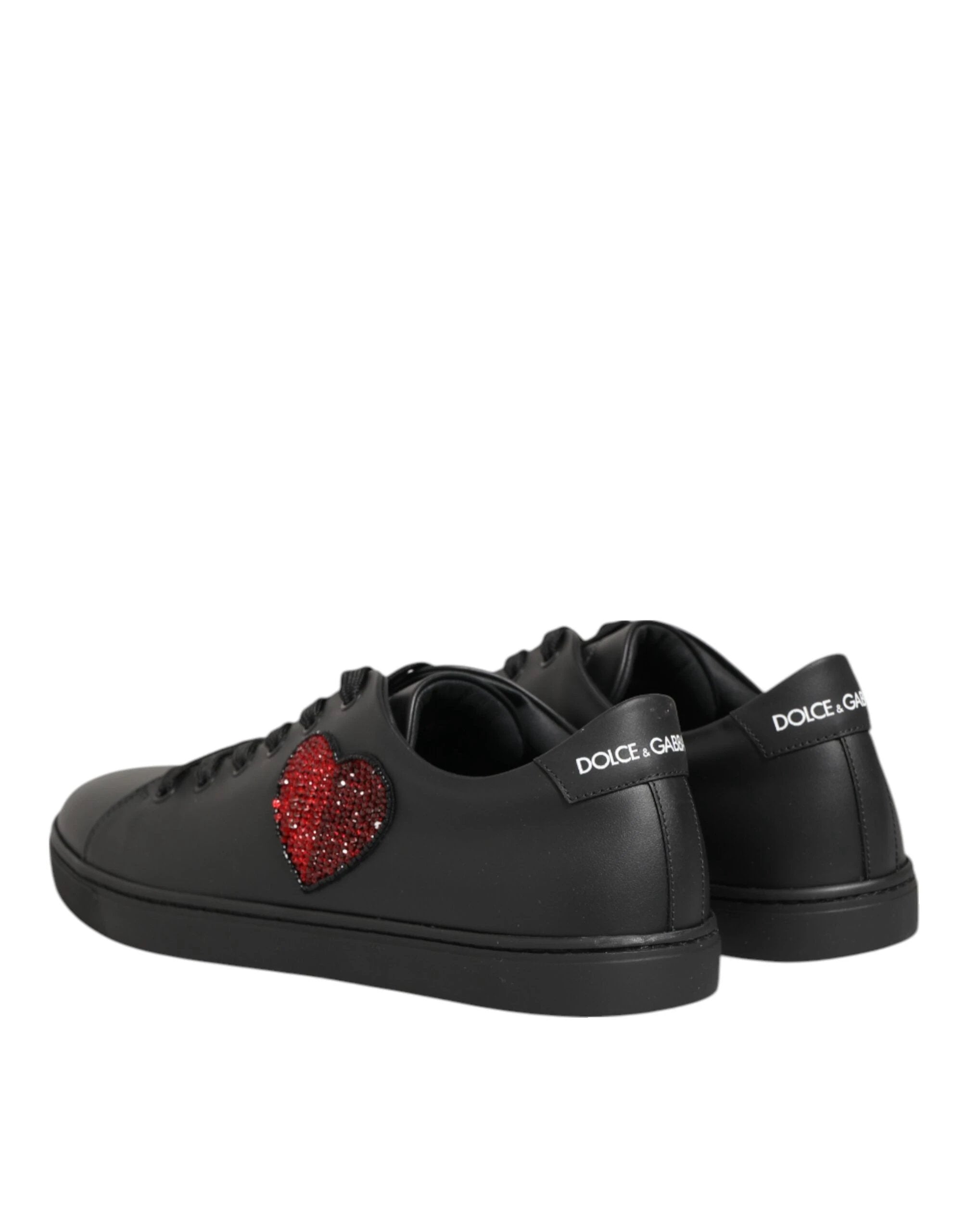 Dolce & Gabbana Black Leather Crystal Heart Sneakers Shoes by Dolce & Gabbana