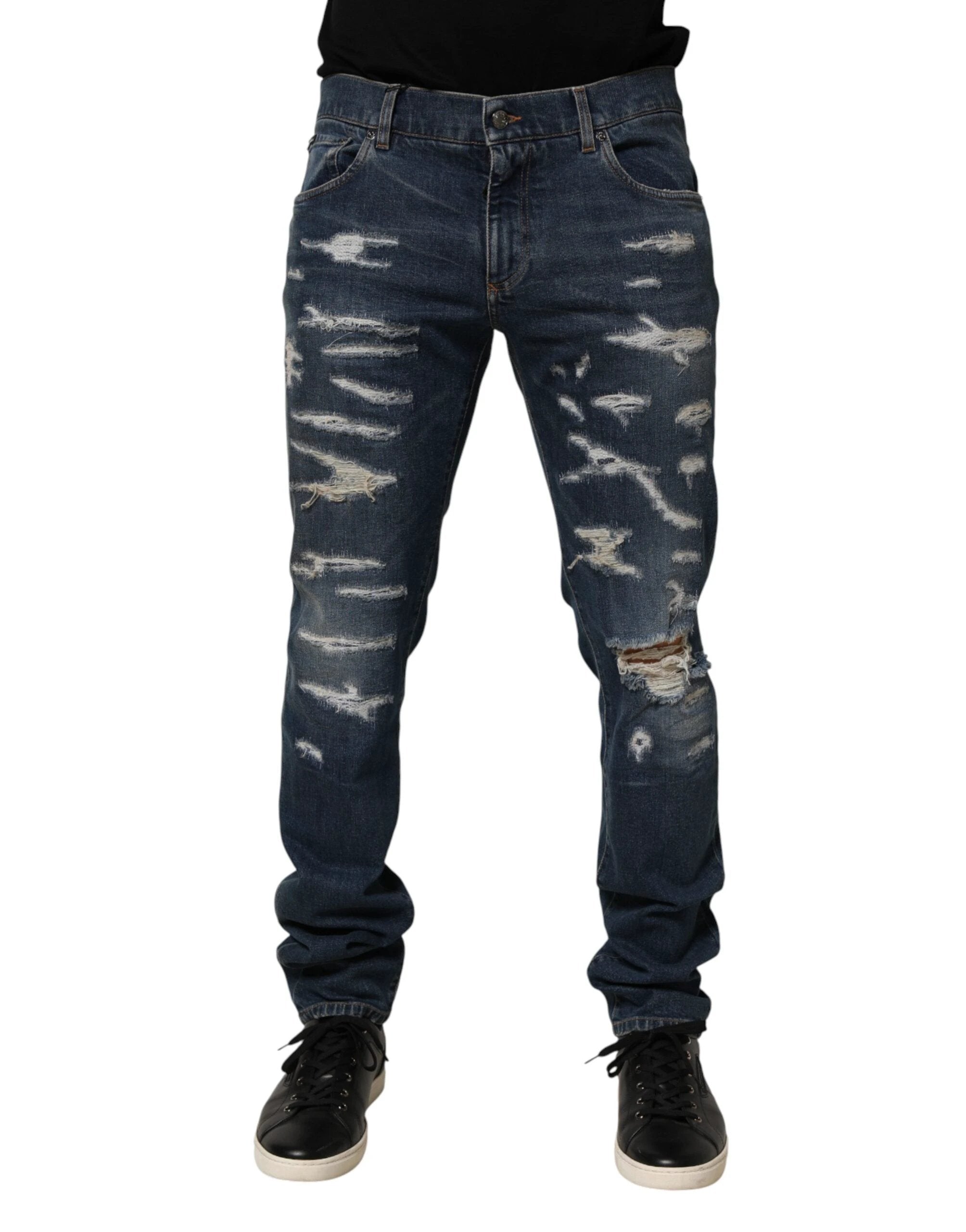 Dolce & Gabbana Blue Tattered Cotton Skinny Men Denim Jeans by Dolce & Gabbana