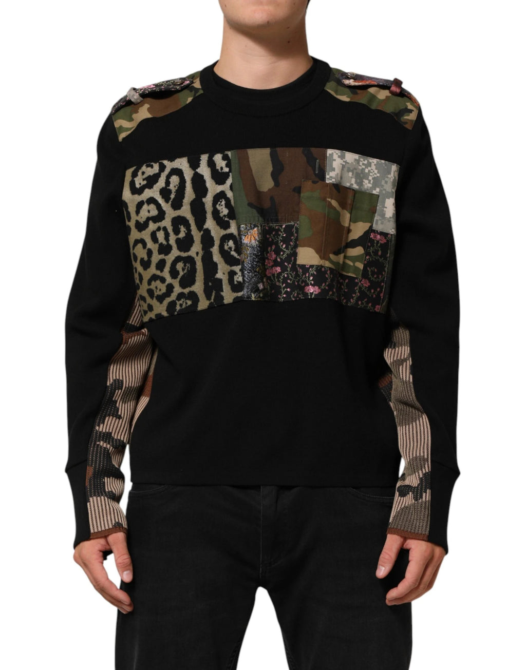 Dolce & Gabbana Black Patchwork Crew Neck Pullover Sweater by Dolce & Gabbana