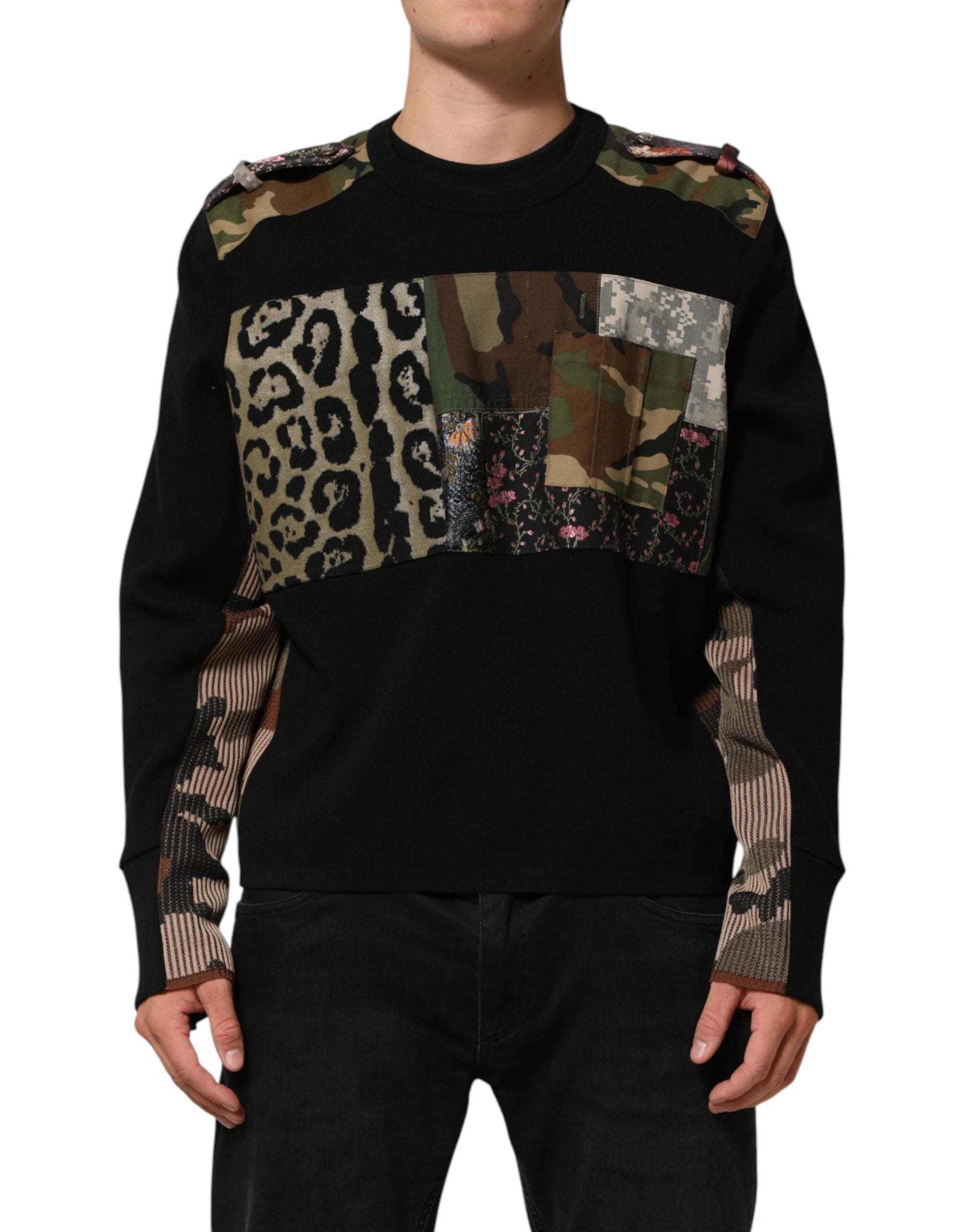 Dolce & Gabbana Black Patchwork Crew Neck Pullover Sweater by Dolce & Gabbana