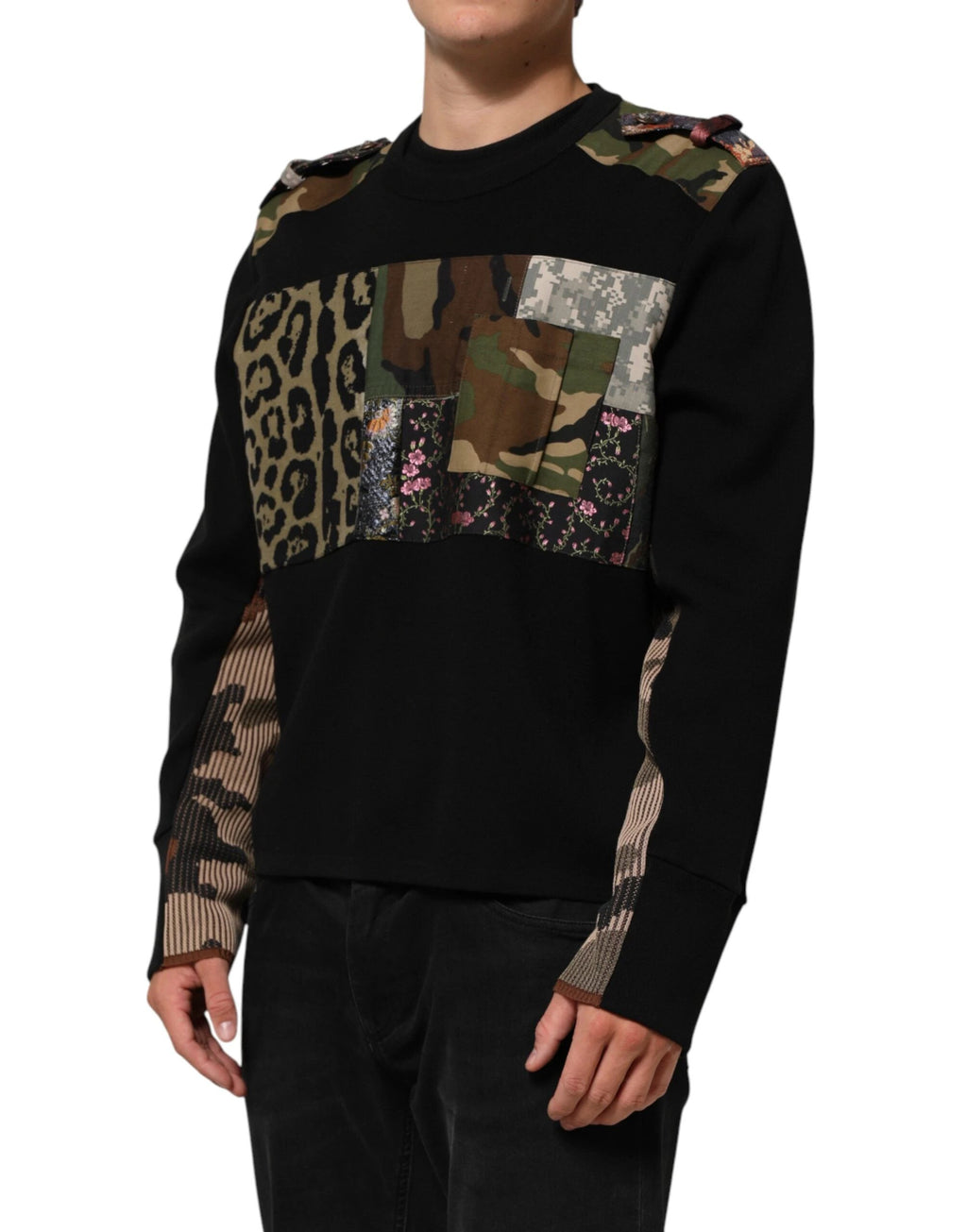 Dolce & Gabbana Black Patchwork Crew Neck Pullover Sweater by Dolce & Gabbana