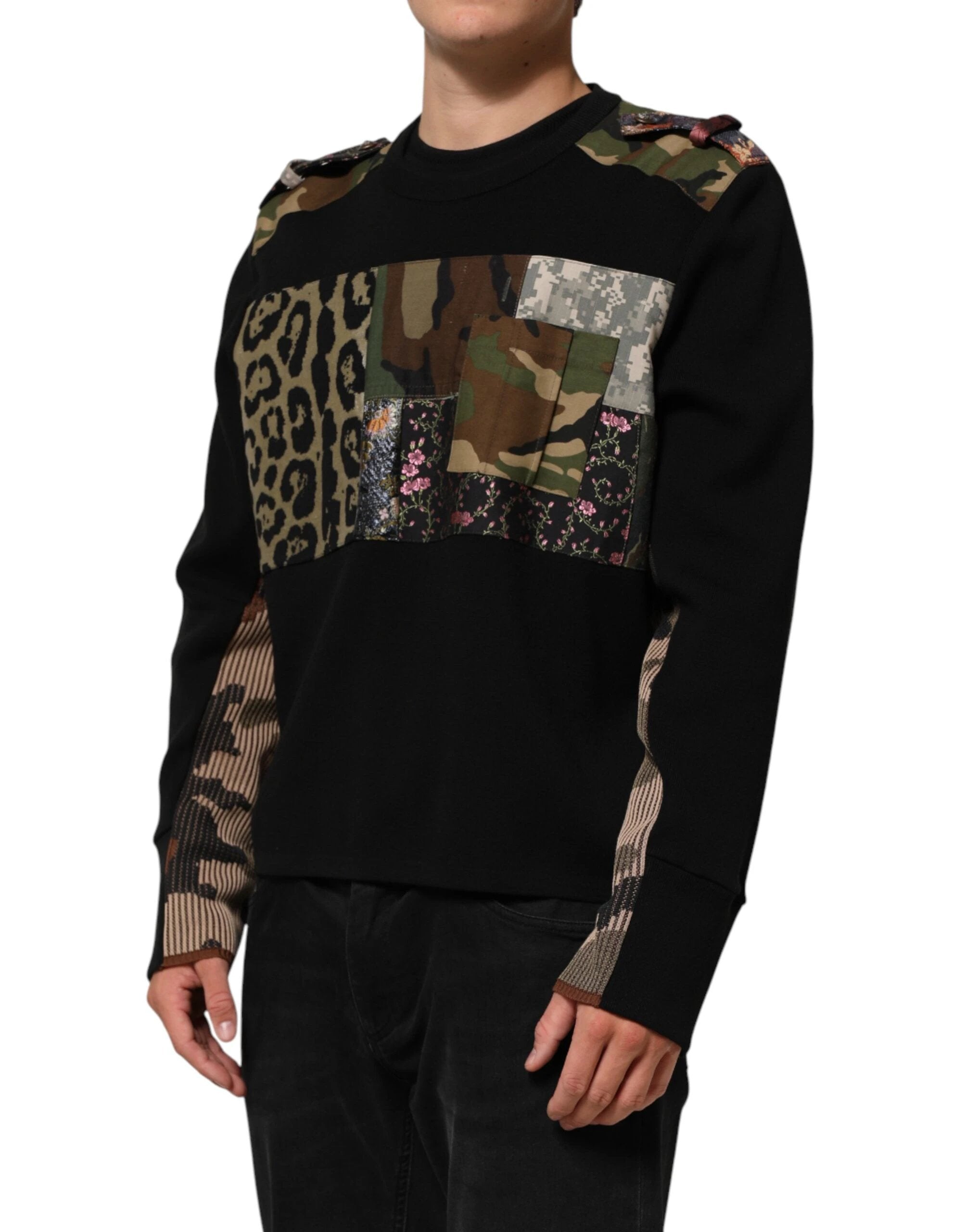 Dolce & Gabbana Black Patchwork Crew Neck Pullover Sweater by Dolce & Gabbana