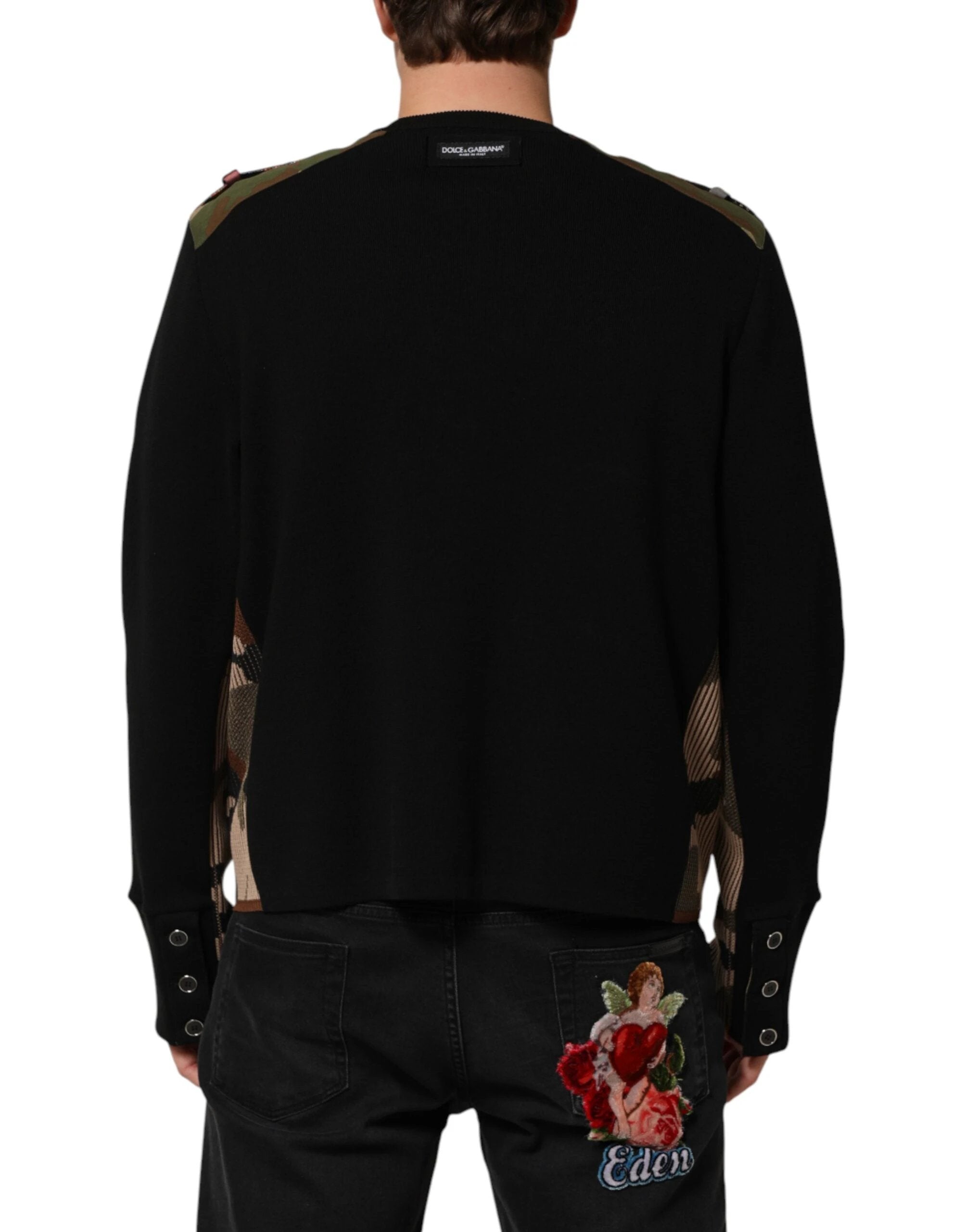 Dolce & Gabbana Black Patchwork Crew Neck Pullover Sweater by Dolce & Gabbana