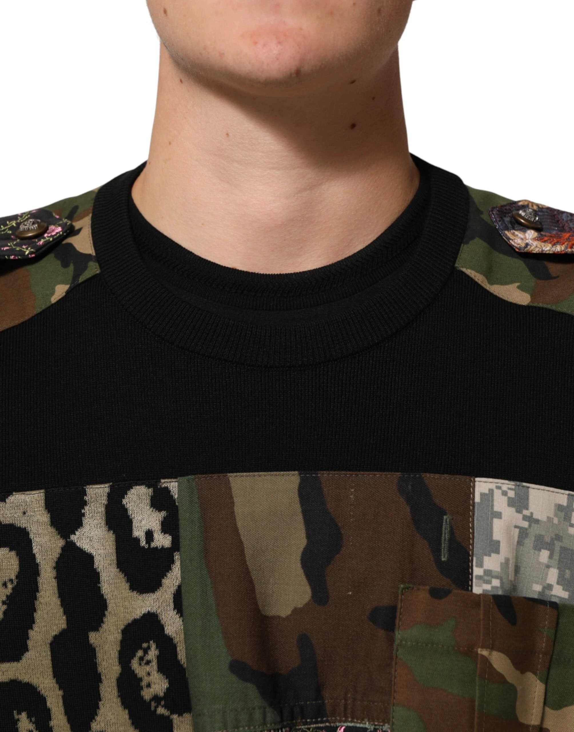 Dolce & Gabbana Black Patchwork Crew Neck Pullover Sweater by Dolce & Gabbana