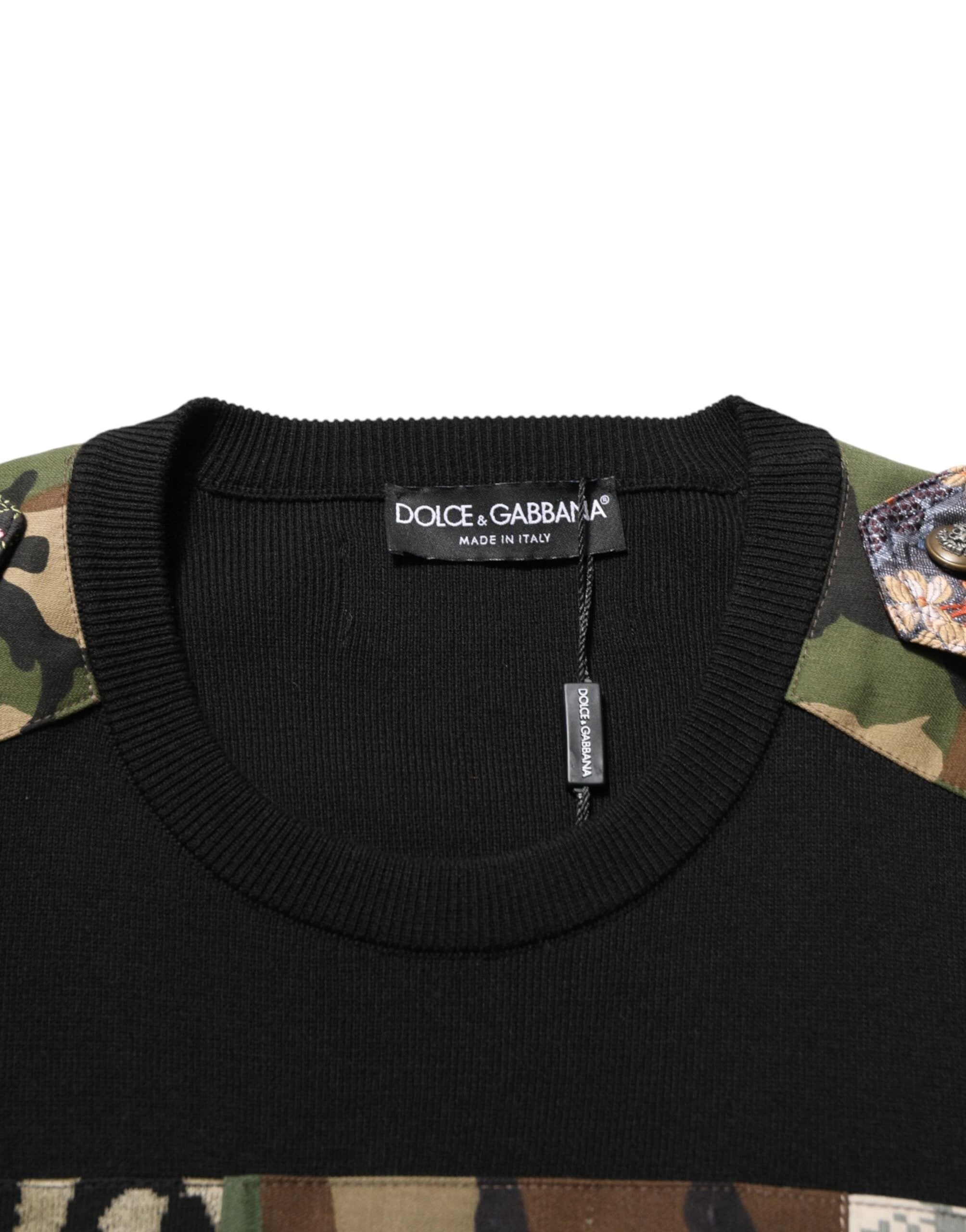 Dolce & Gabbana Black Patchwork Crew Neck Pullover Sweater by Dolce & Gabbana