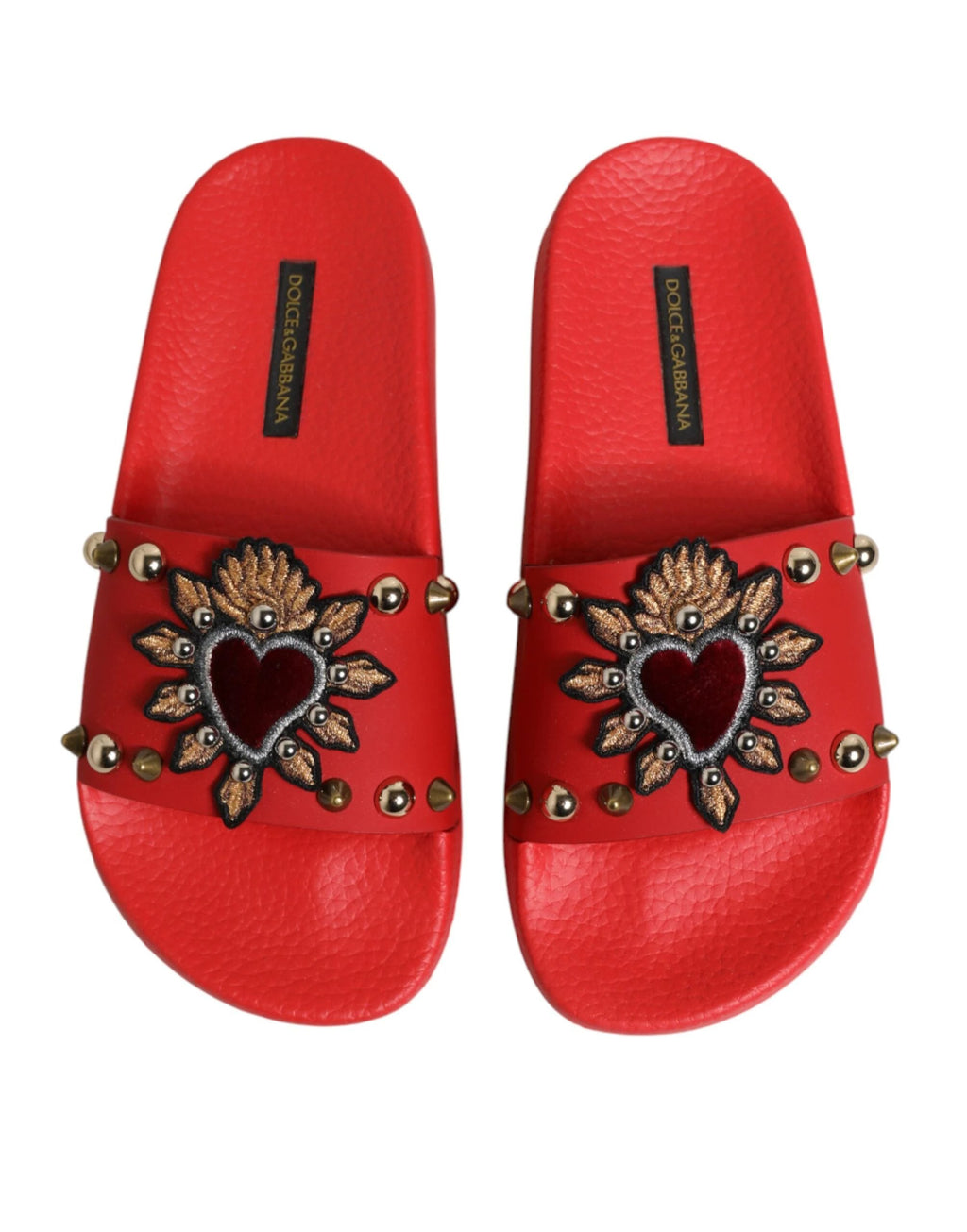 Dolce & Gabbana Red Sacred Heart Stud Slides Beachwear Shoes by Dolce & Gabbana