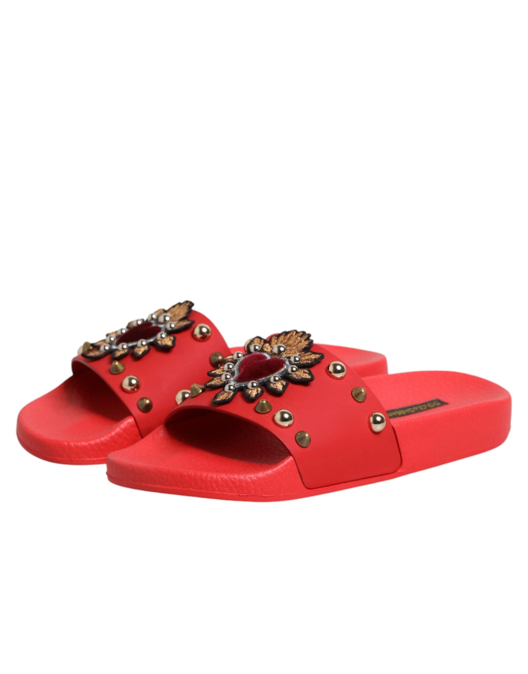Dolce & Gabbana Red Sacred Heart Stud Slides Beachwear Shoes by Dolce & Gabbana