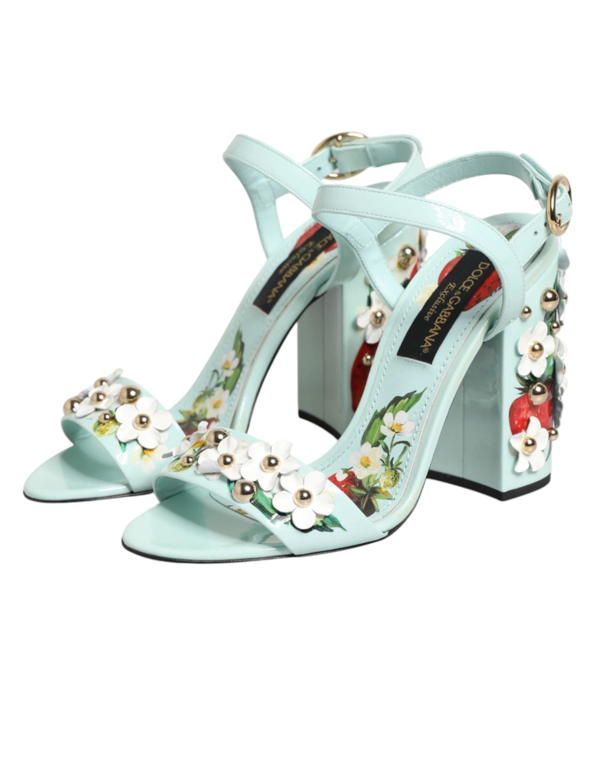 Dolce & Gabbana Mint Green Floral Studs Heels Sandals Shoes by Dolce & Gabbana