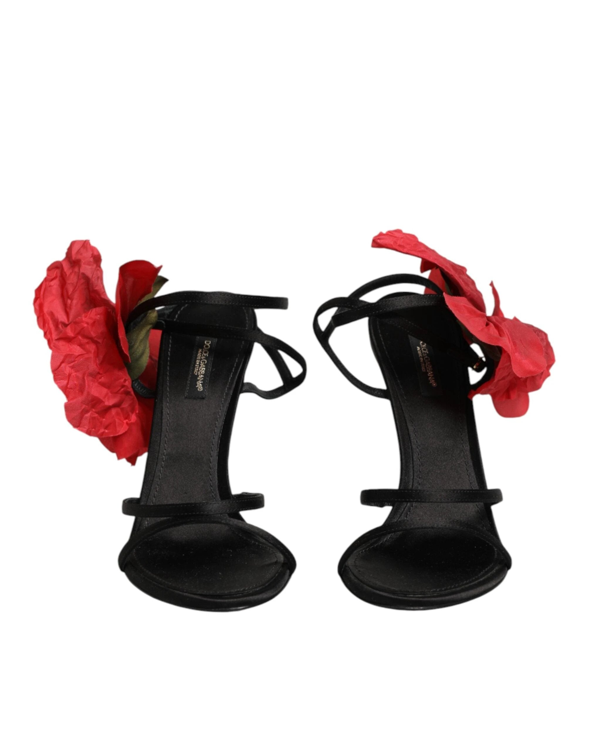 Dolce & Gabbana Black Leather Strappy Flower Heels Sandals Shoes by Dolce & Gabbana