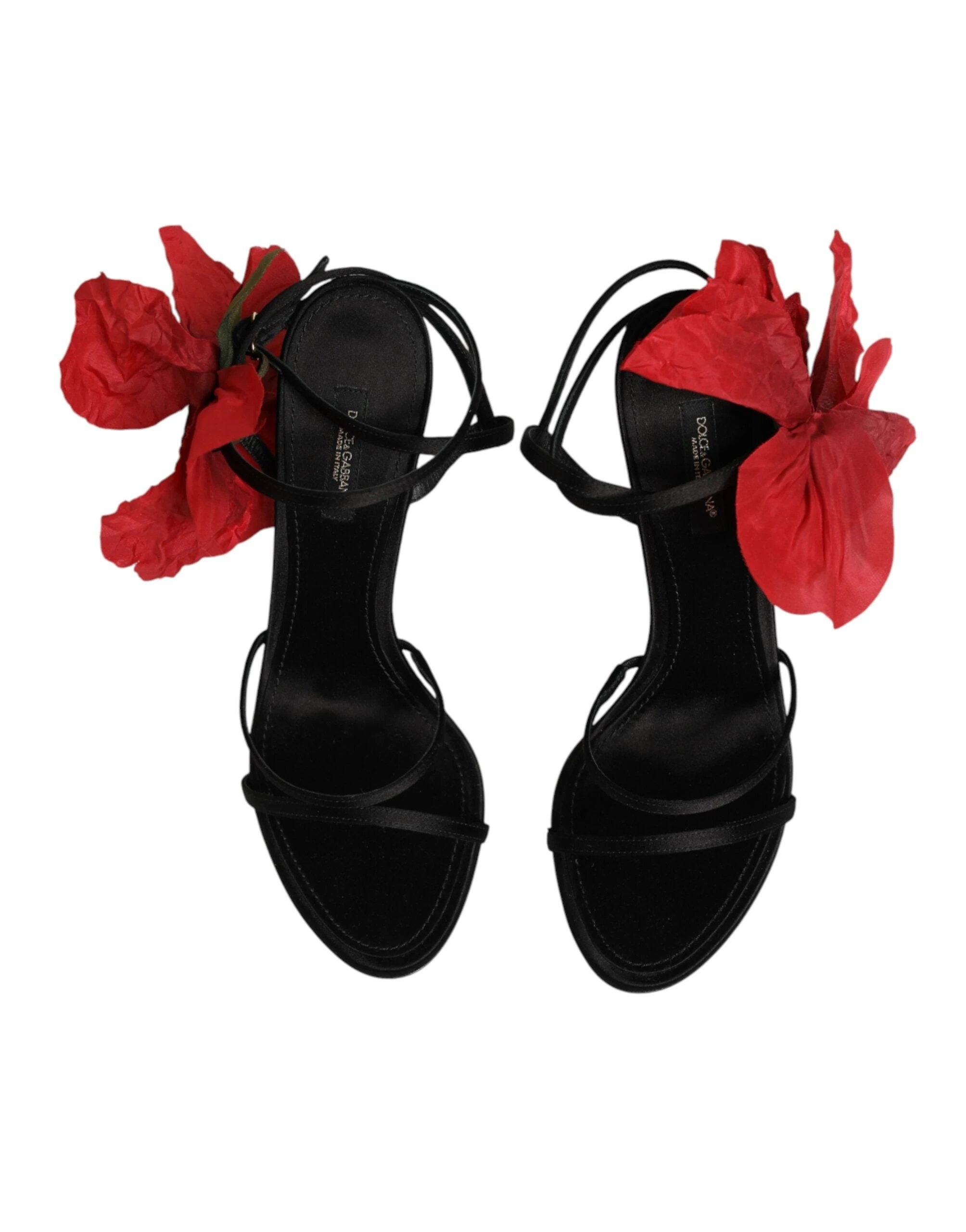 Dolce & Gabbana Black Leather Strappy Flower Heels Sandals Shoes by Dolce & Gabbana