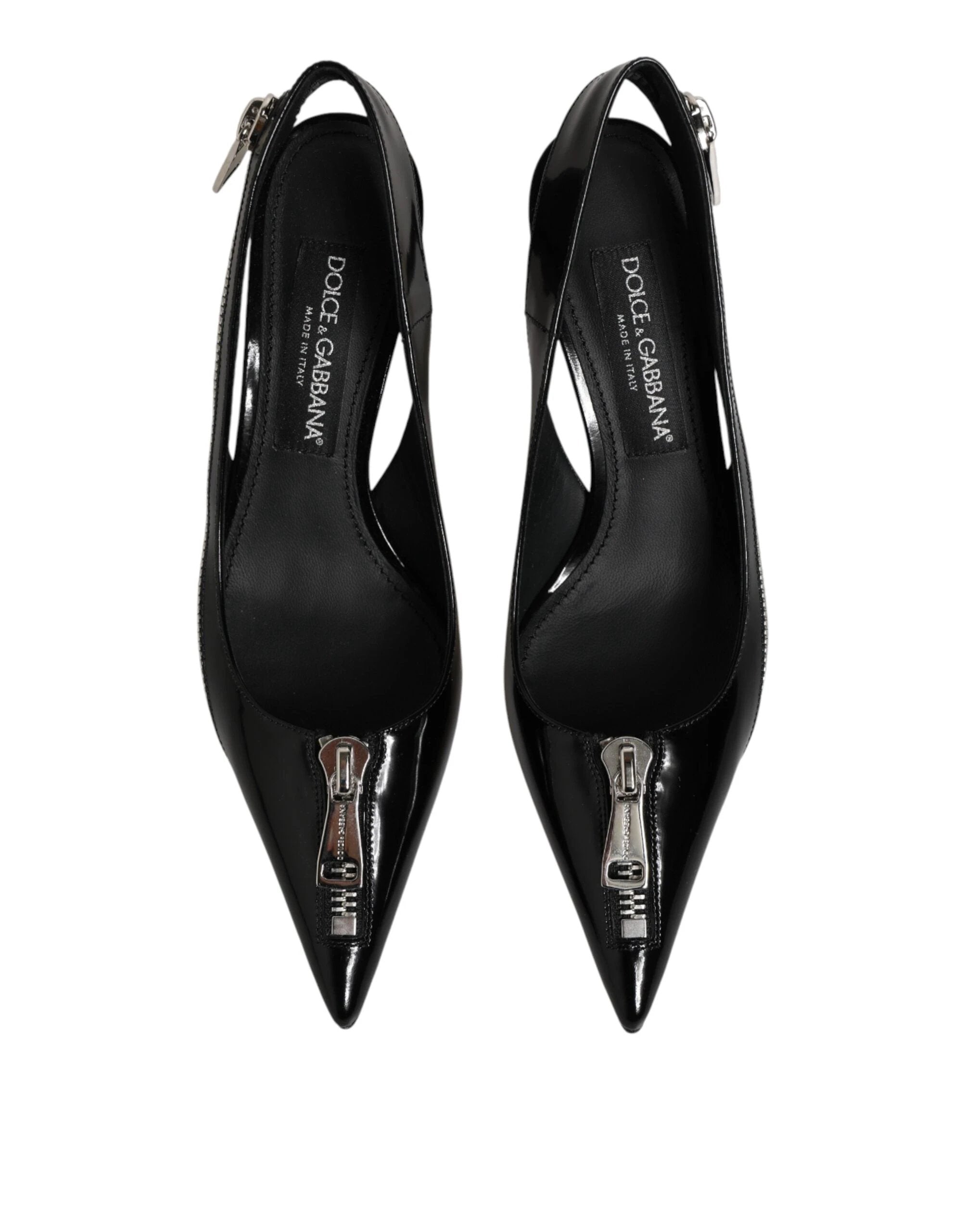 Dolce & Gabbana Black Zipper Leather Heels Slingbacks Shoes by Dolce & Gabbana