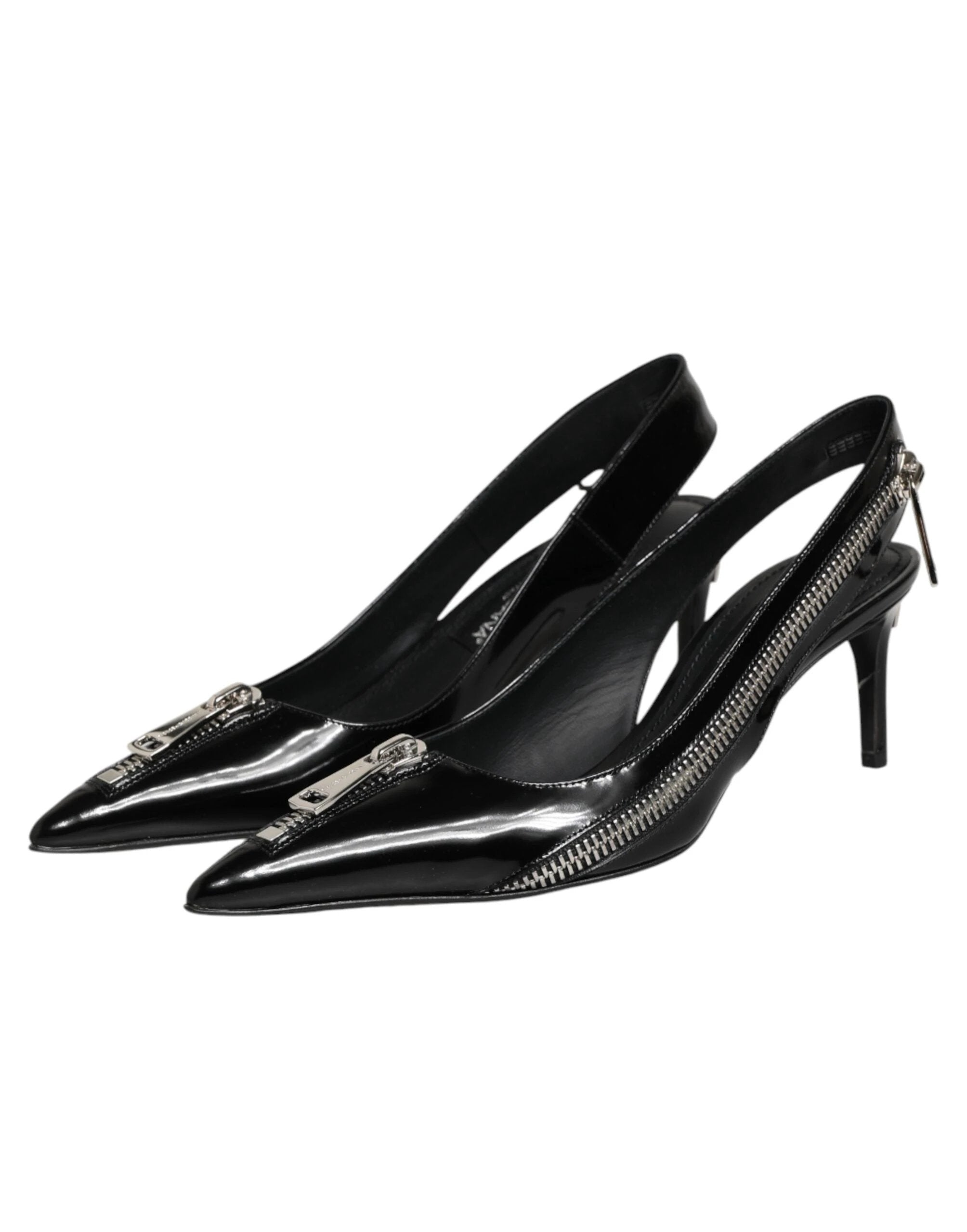 Dolce & Gabbana Black Zipper Leather Heels Slingbacks Shoes by Dolce & Gabbana