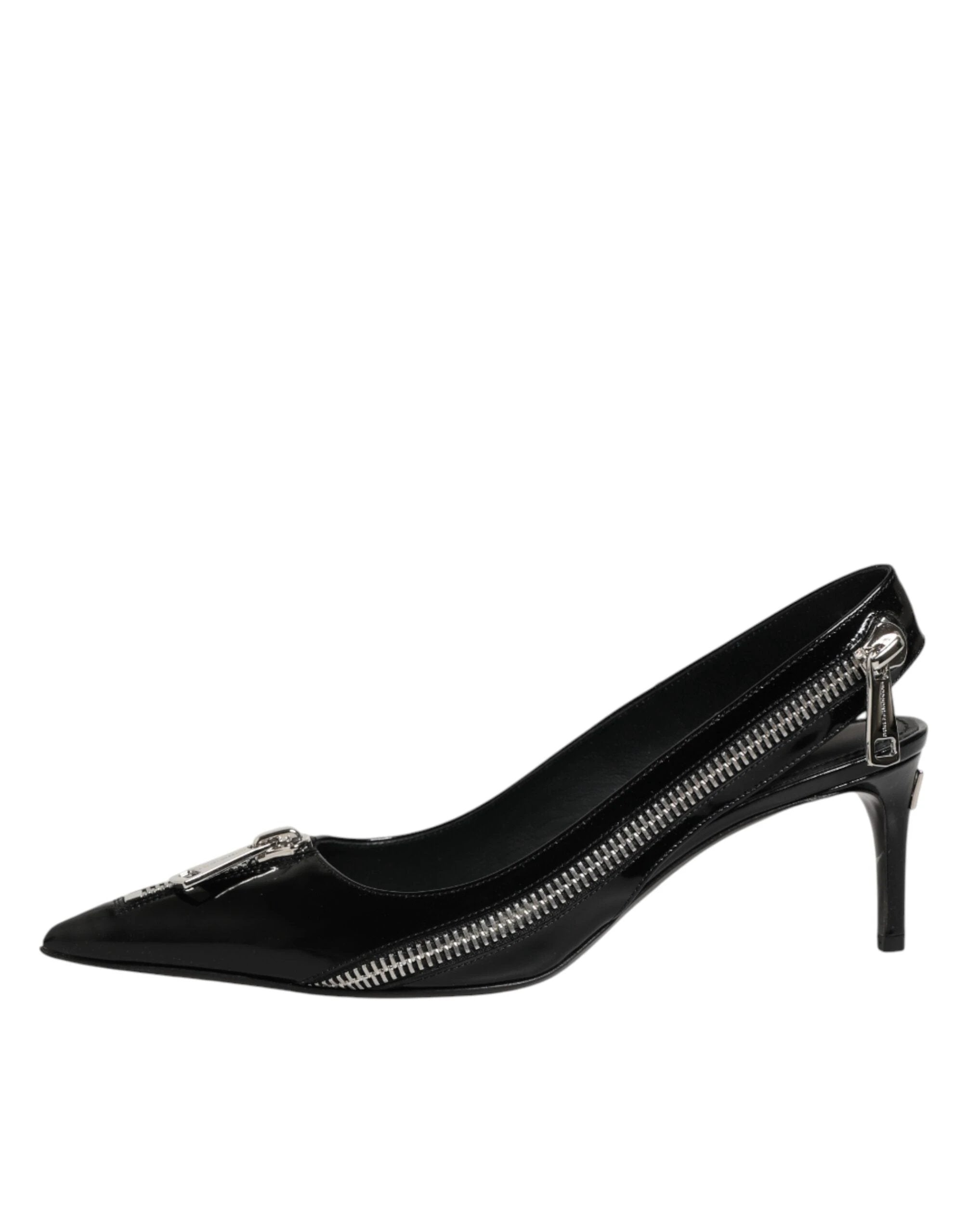 Dolce & Gabbana Black Zipper Leather Heels Slingbacks Shoes by Dolce & Gabbana