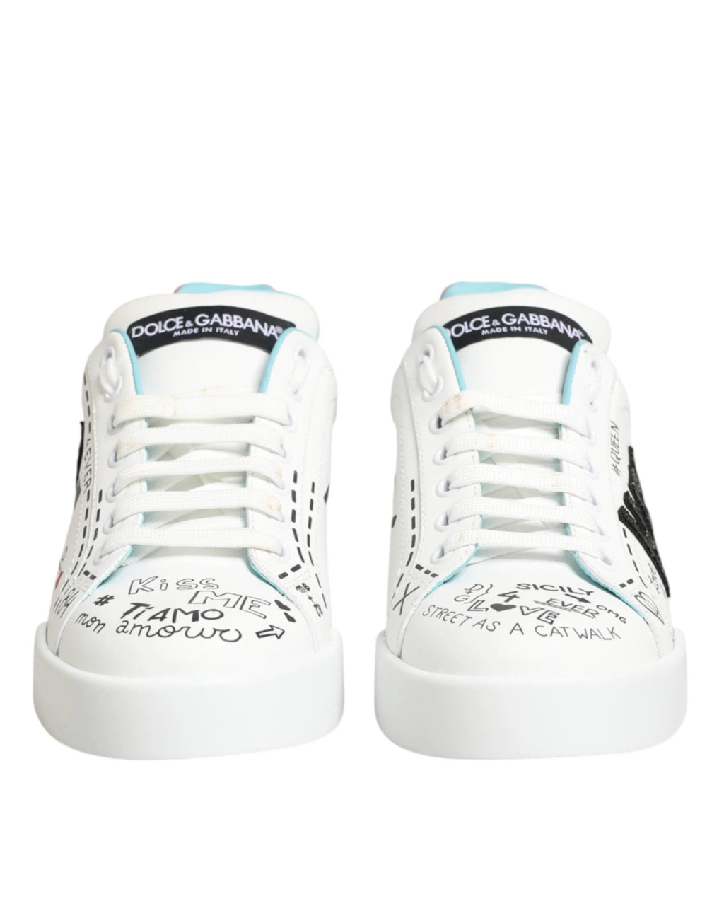 Dolce & Gabbana White Leather Graffiti Low Top Sneakers Shoes by Dolce & Gabbana