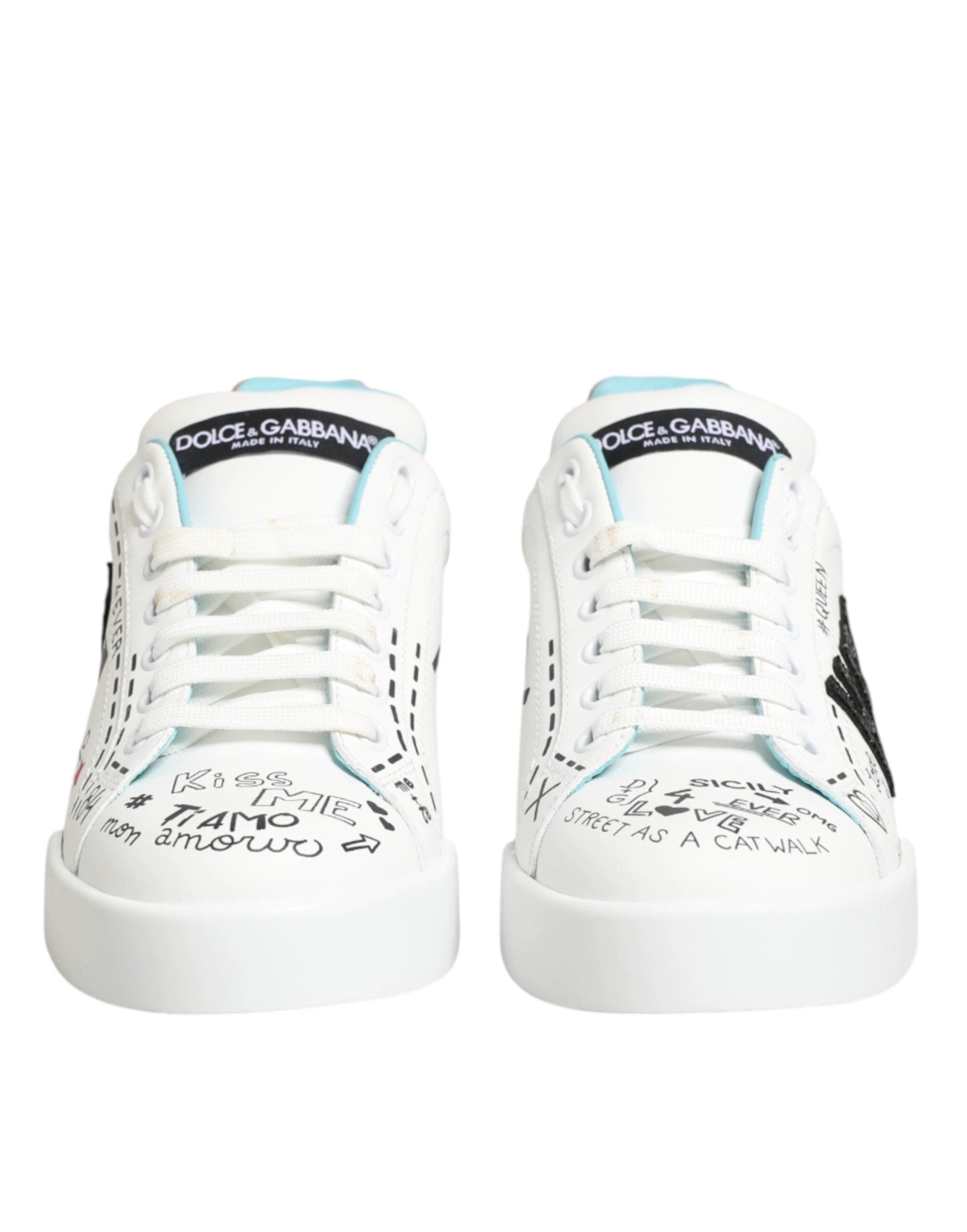 Dolce & Gabbana White Leather Graffiti Low Top Sneakers Shoes by Dolce & Gabbana